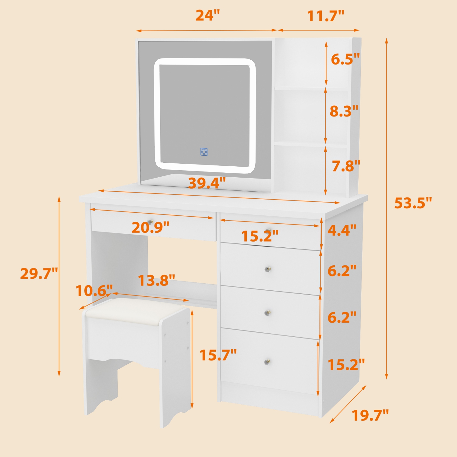 Homsee – Table à langer à 5 tiroirs avec tablettes de rangement, tabouret rembourré inclus, modèle compact pour chambre à coucher, blanc