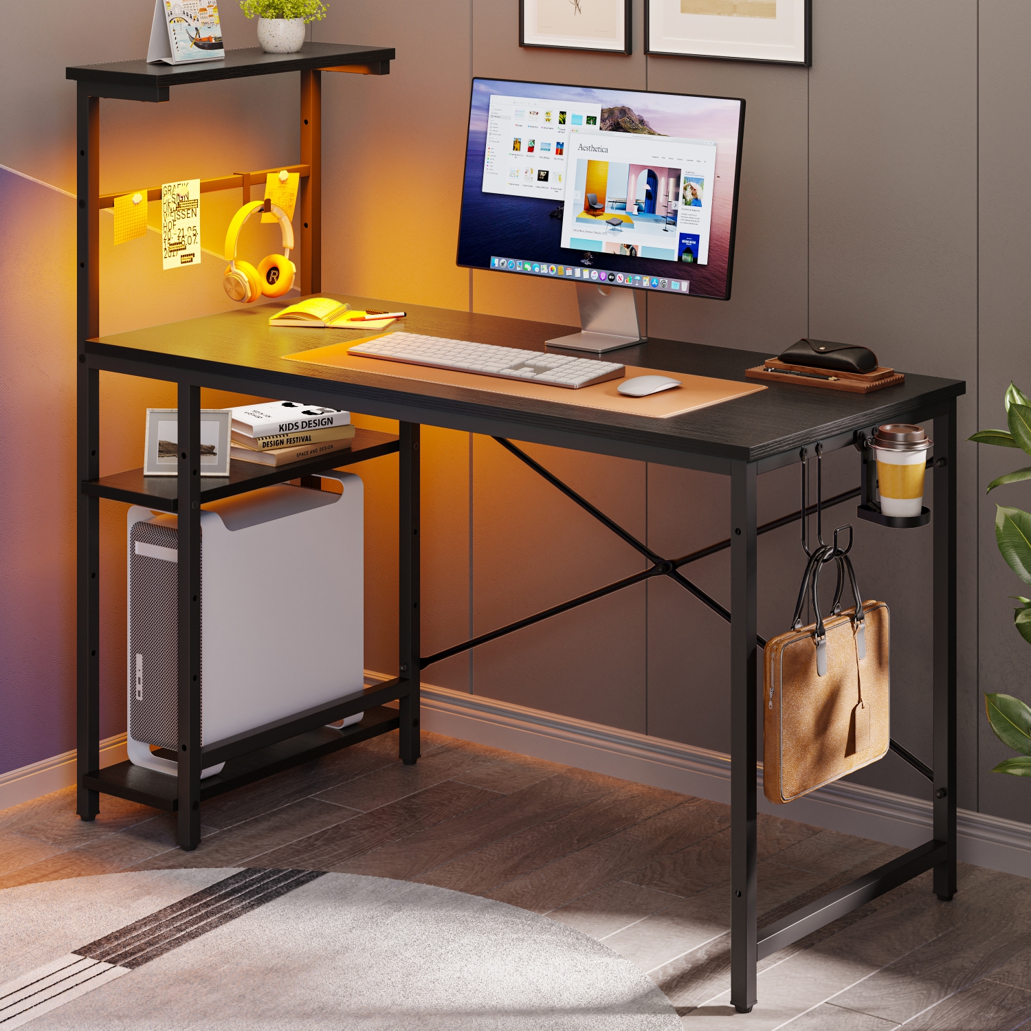 Bureau de jeu de 44,3 po de Bestier avec éclairage RVB LED, bureau d'ordinateur avec 4 tablettes de rangement réversibles, crochets et aimant