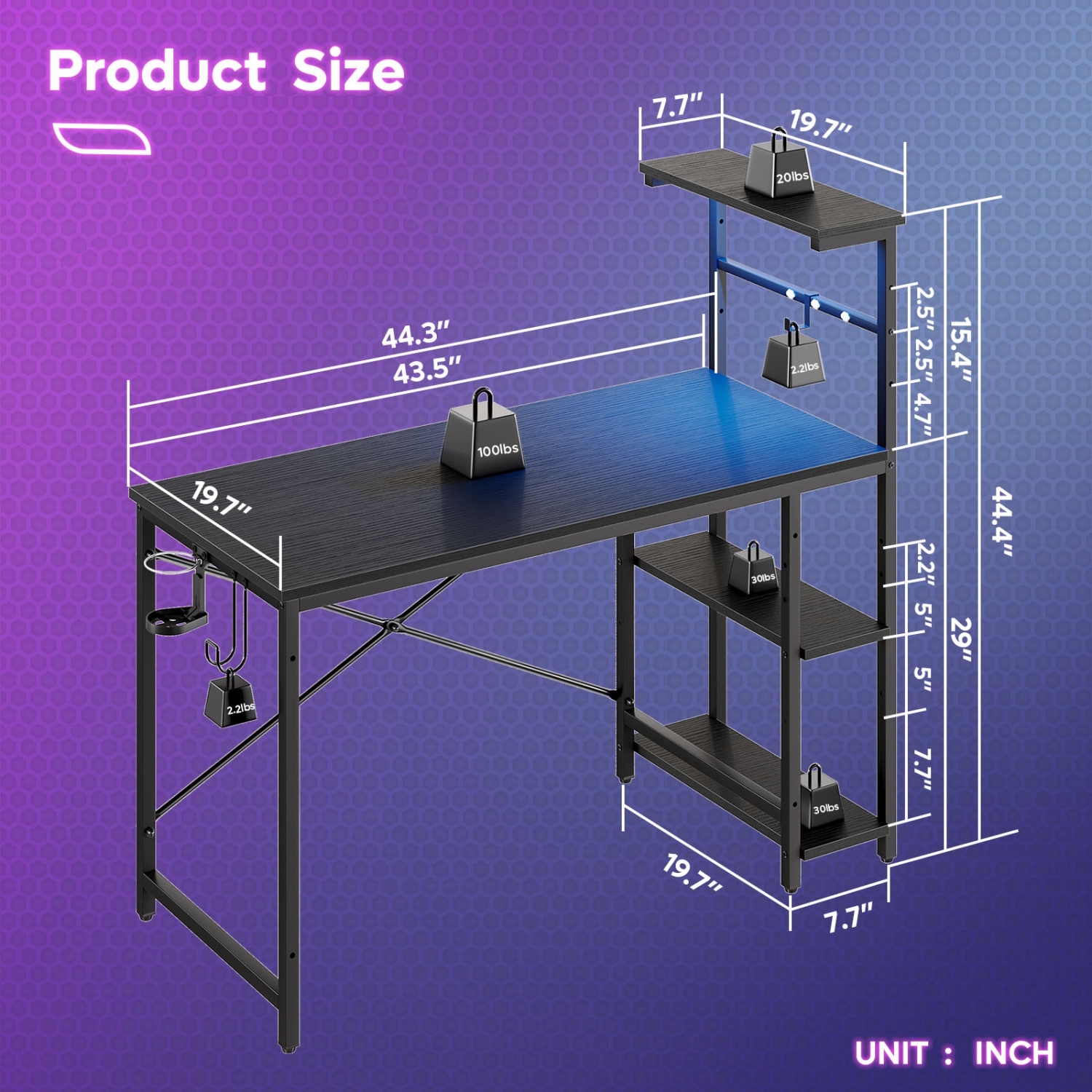 Bureau de jeu de 44,3 po de Bestier avec éclairage RVB LED, bureau d'ordinateur avec 4 tablettes de rangement réversibles, crochets et aimant