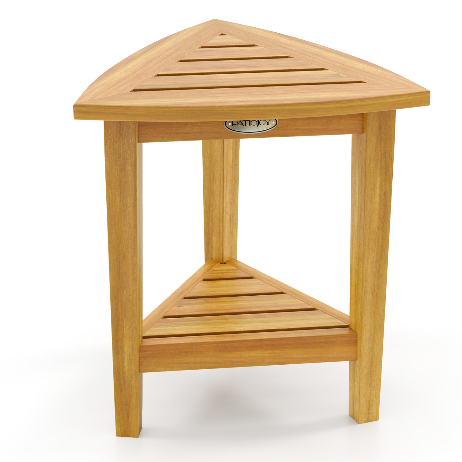 Gymax Shower Stool Teak Wood Corner Bath Stool w/ Storage Shelf Shower Seat Chair