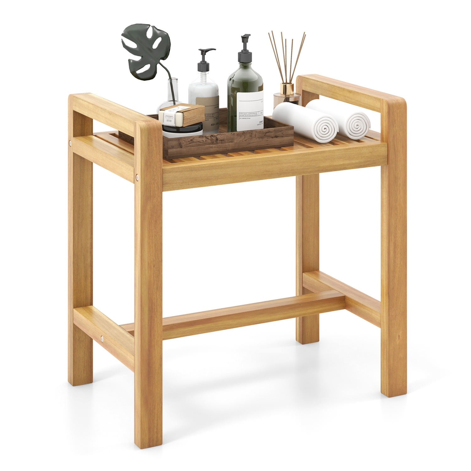 Gymax Teak Wood Shower Bench Solid Wood Stool for Inside Shower Shaving Legs Natural