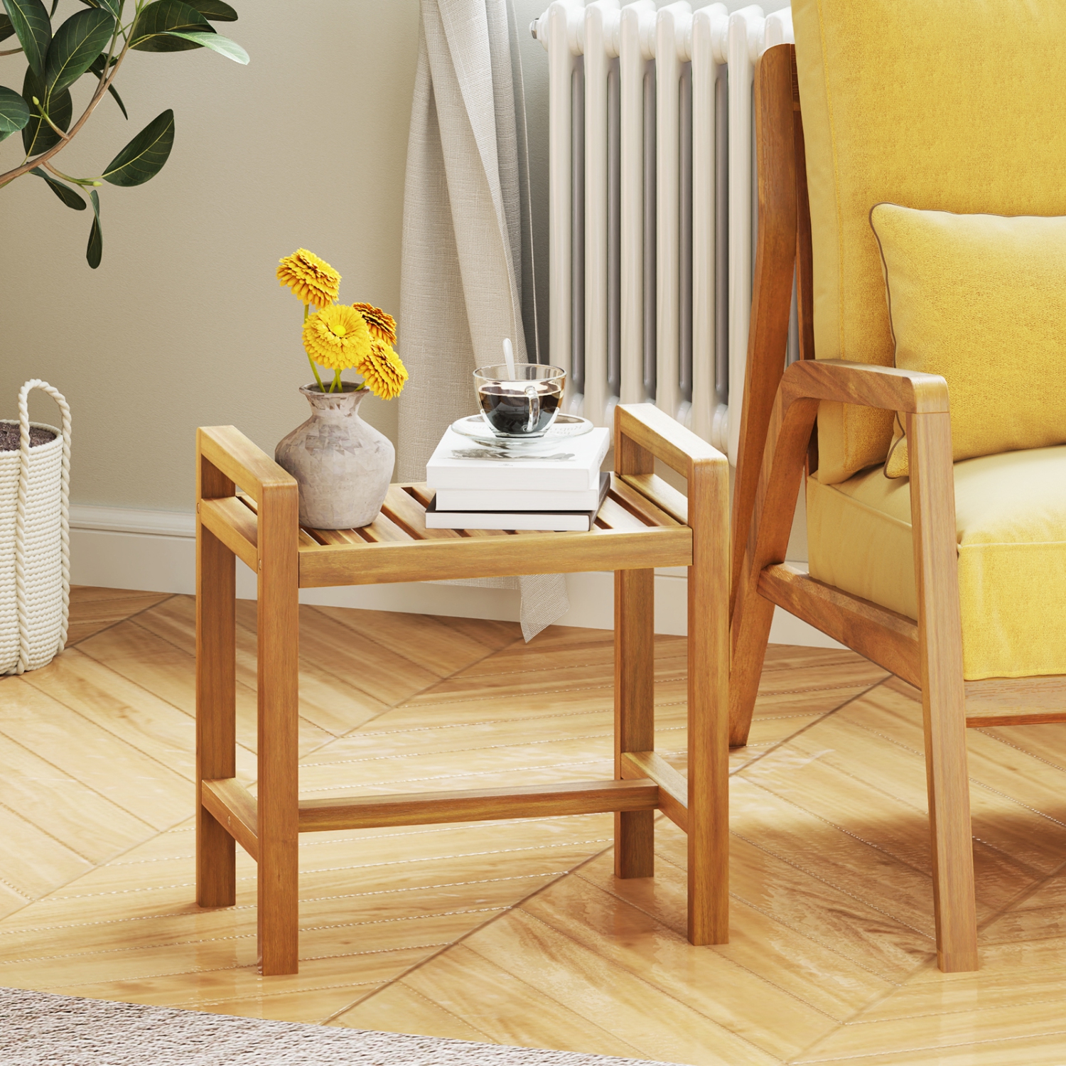 Gymax Teak Wood Shower Bench Solid Wood Stool for Inside Shower Shaving Legs Natural