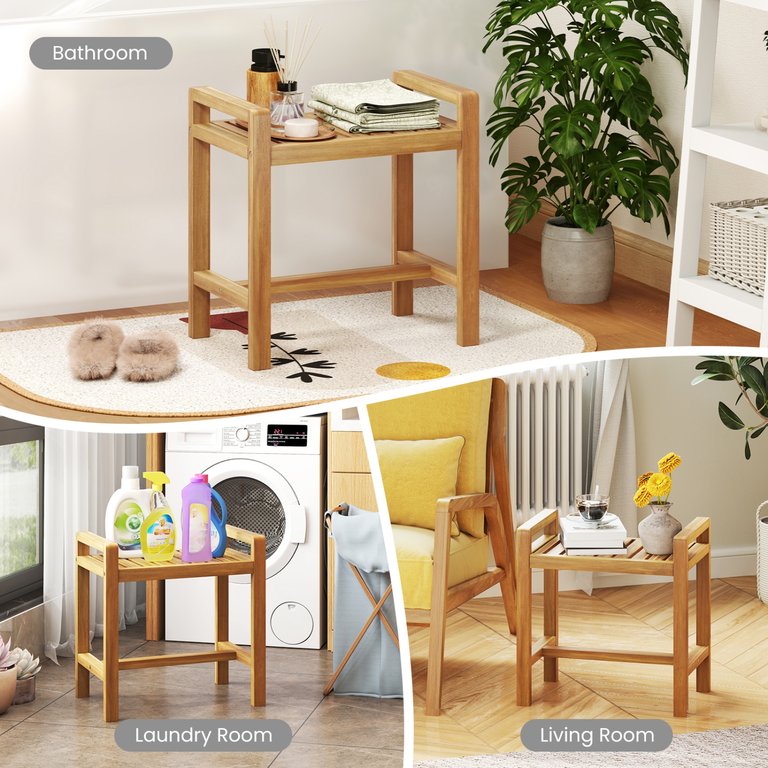 Gymax Teak Wood Shower Bench Solid Wood Stool for Inside Shower Shaving Legs Natural