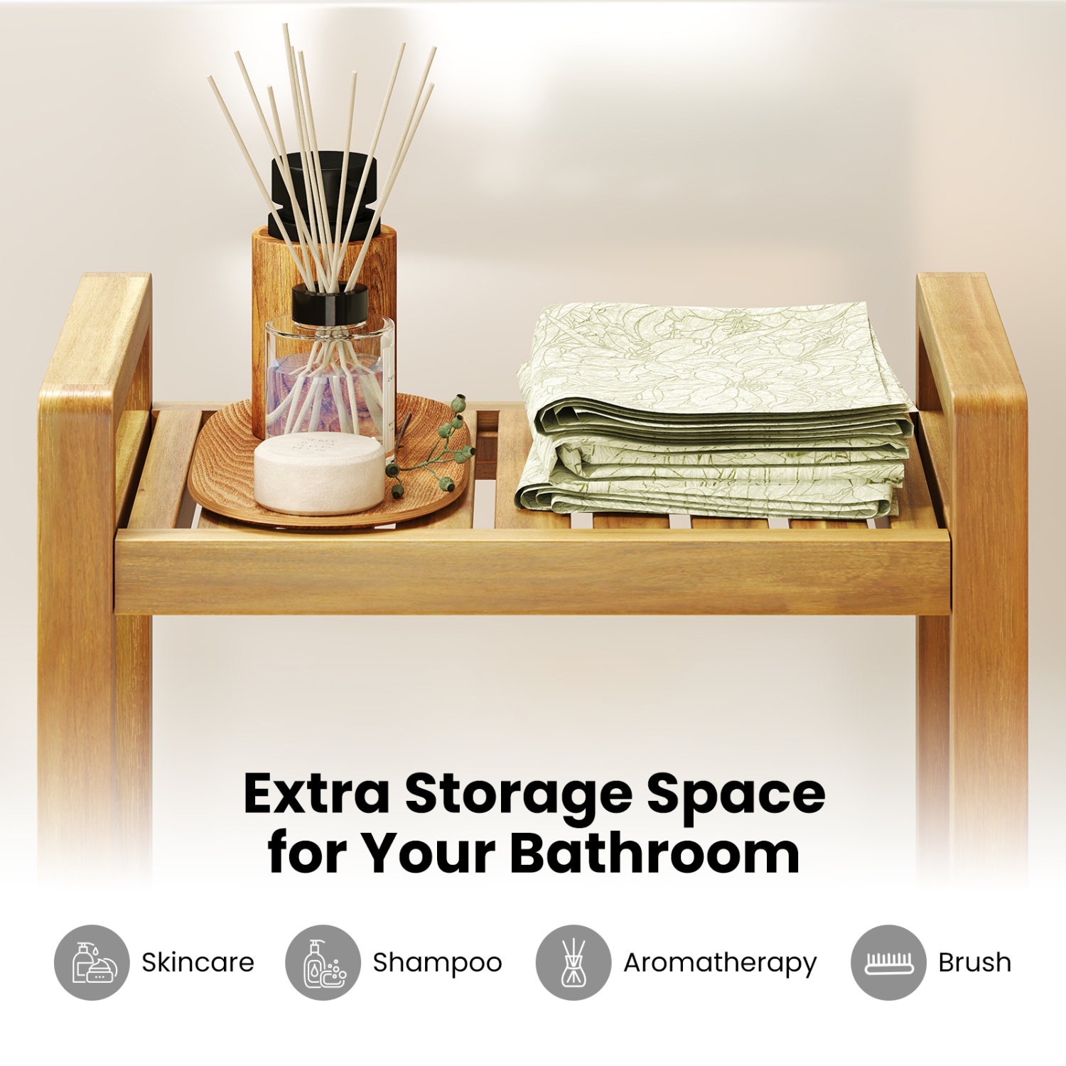 Gymax Teak Wood Shower Bench Solid Wood Stool for Inside Shower Shaving Legs Natural