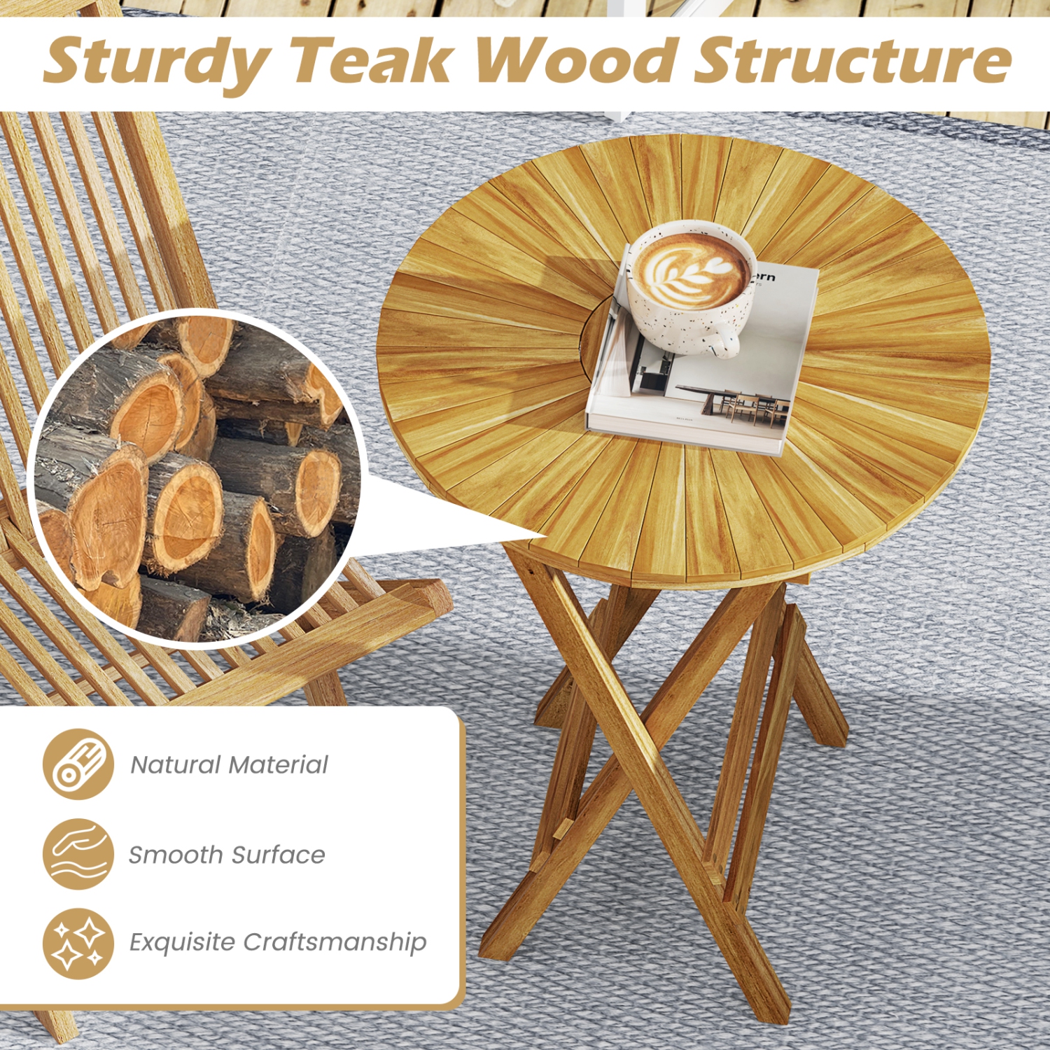 Gymax Patio Folding Side Table 23.5'' Teak Wood Round End Table Fully Assembled Natural