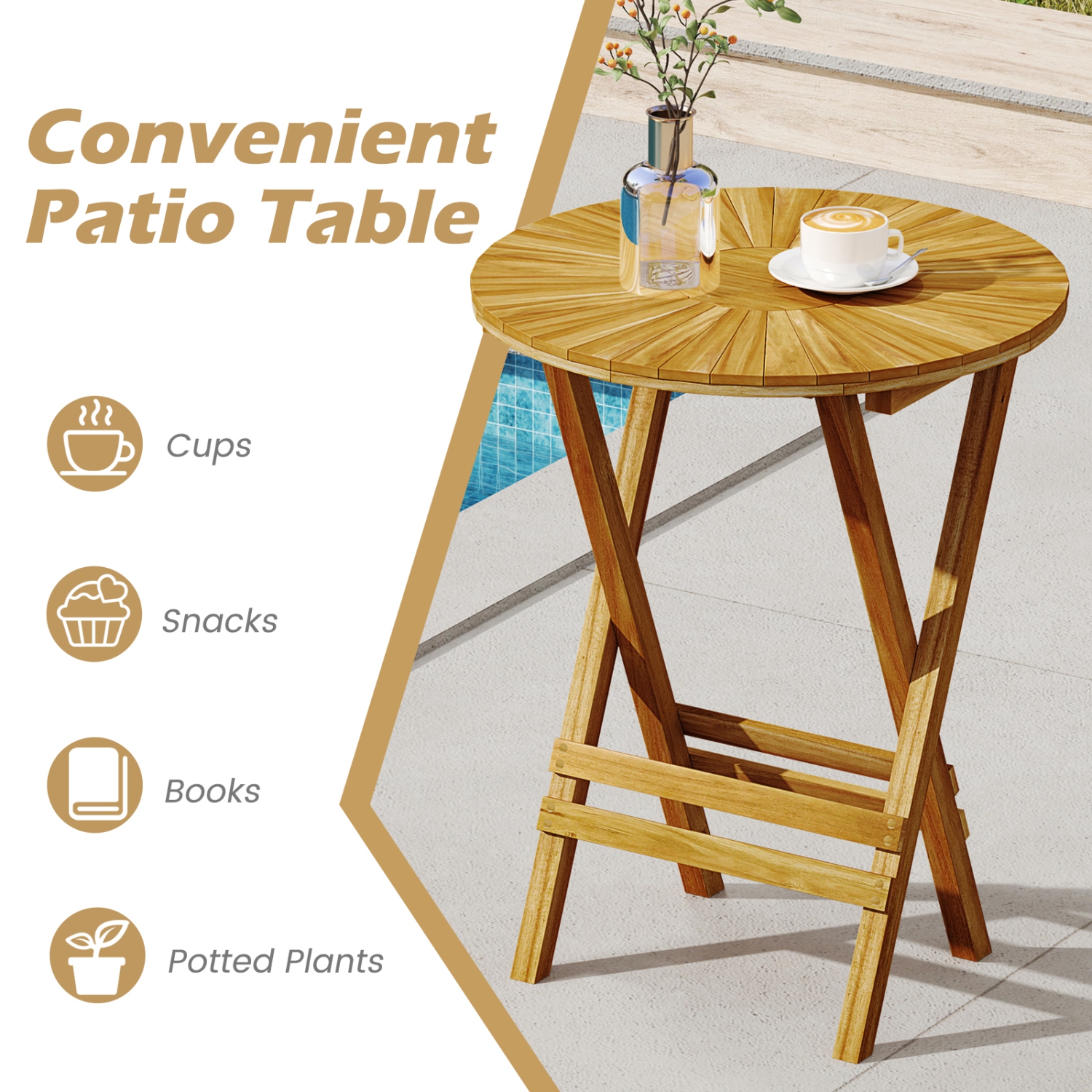 Gymax Patio Folding Side Table 23.5'' Teak Wood Round End Table Fully Assembled Natural