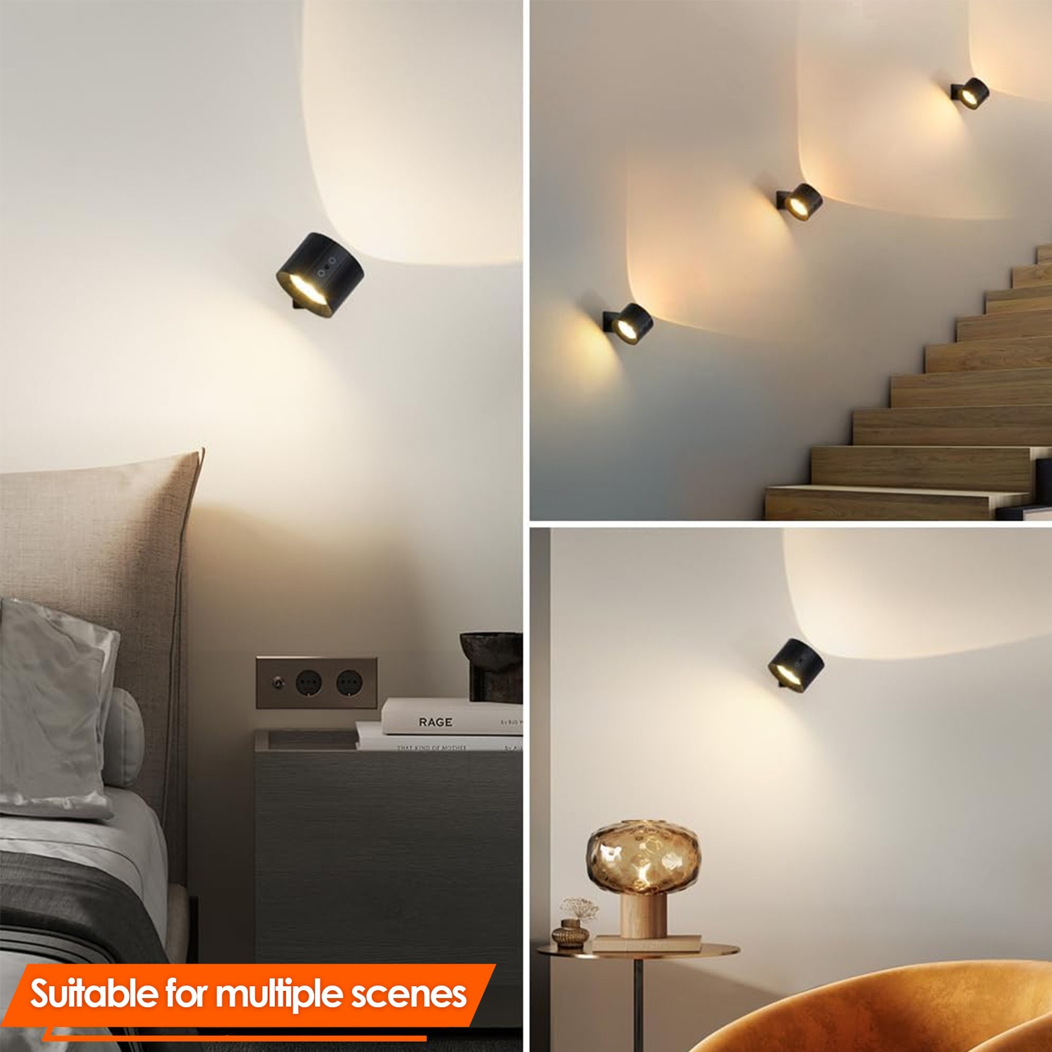 Lampe murale sans fil LED avec télécommande, lampe murale pivotante rechargeable à 360°, 3 couleurs pour chambre à coucher Salon