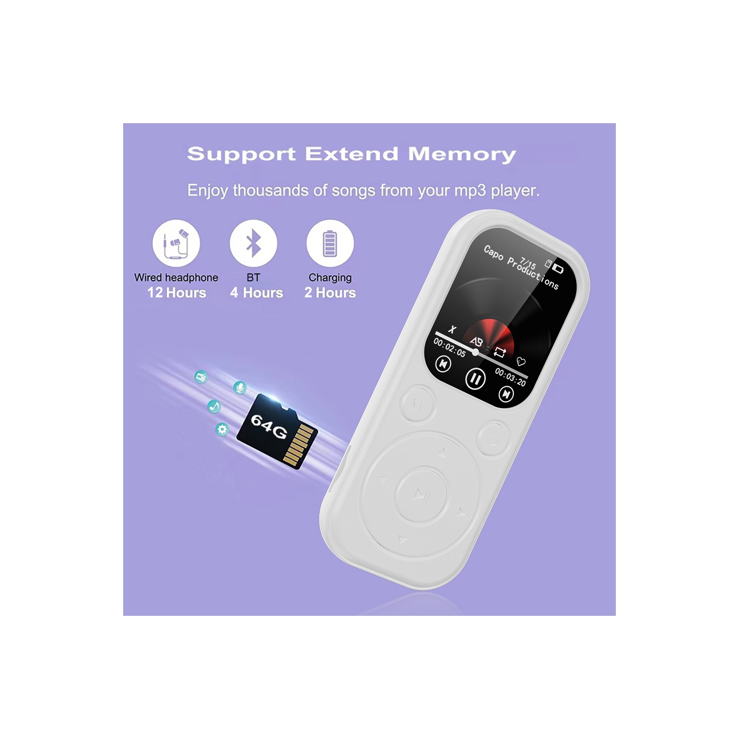 Bluetooth MP3 Lossless Music Player FM Radio Recorder Sport MP3 Player（64GB)