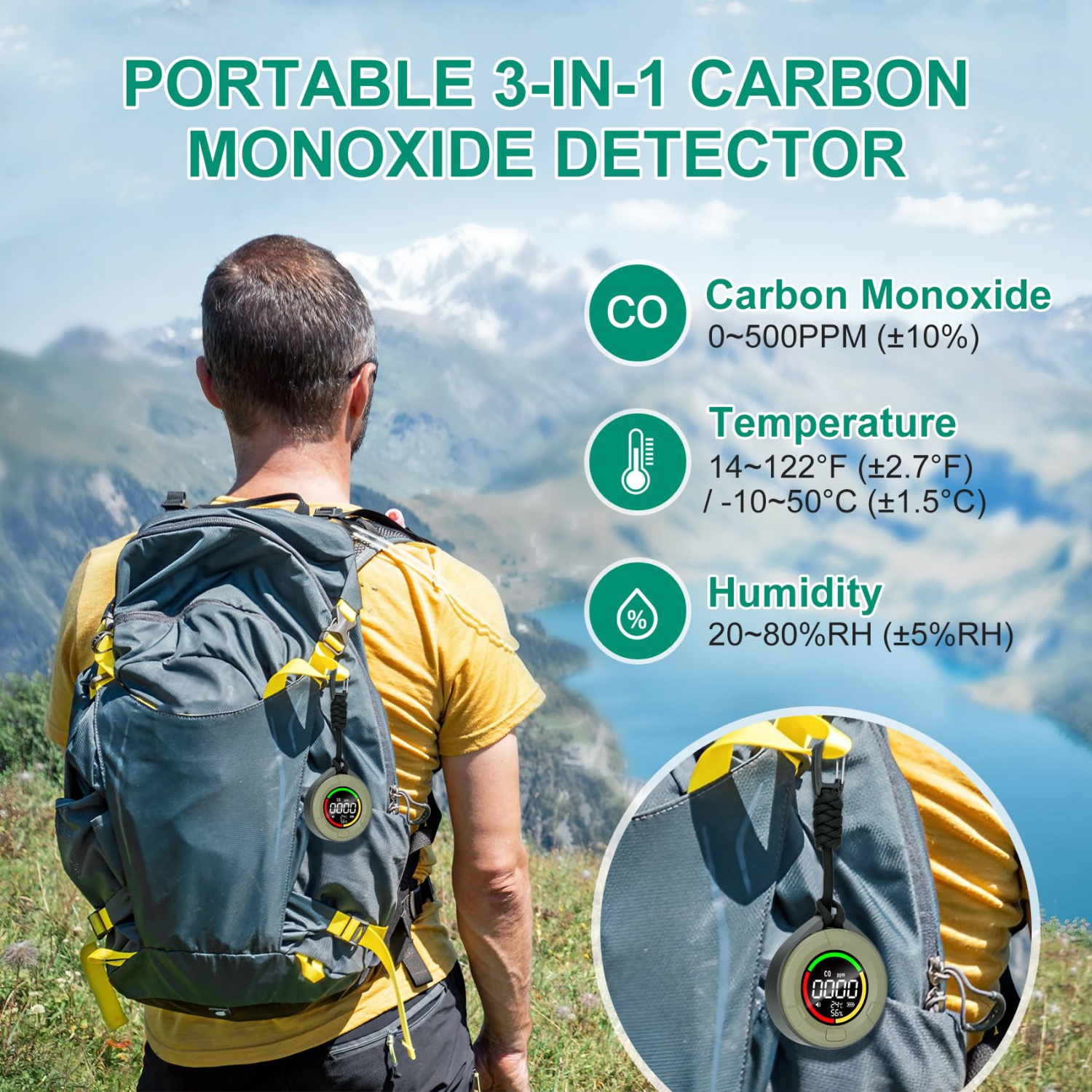 Détecteurs portatifs de monoxyde de carbone pour les voyages, mini moniteur 3-en-1 de monoxyde de carbone avec succion, moniteur de monoxyde de