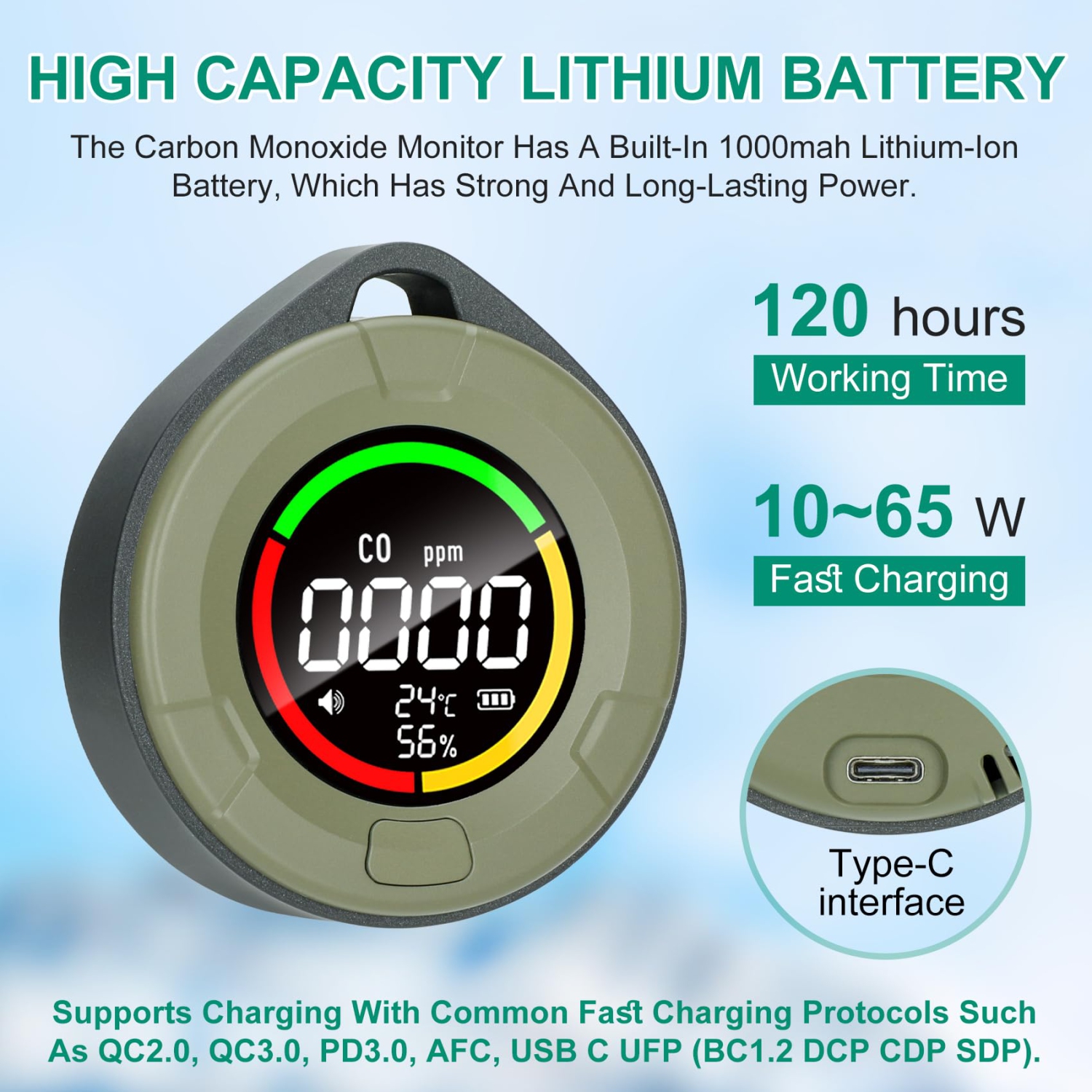 Détecteurs portatifs de monoxyde de carbone pour les voyages, mini moniteur 3-en-1 de monoxyde de carbone avec succion, moniteur de monoxyde de