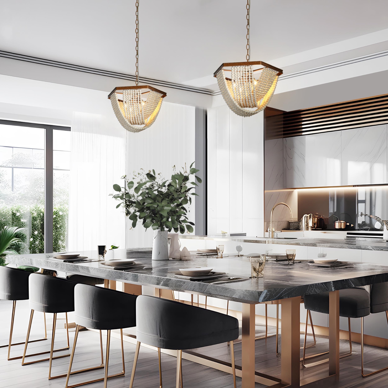 Chandelier blanc cassé à 4 lumières en perles pour salle à manger CHnadelier avec perles en bois