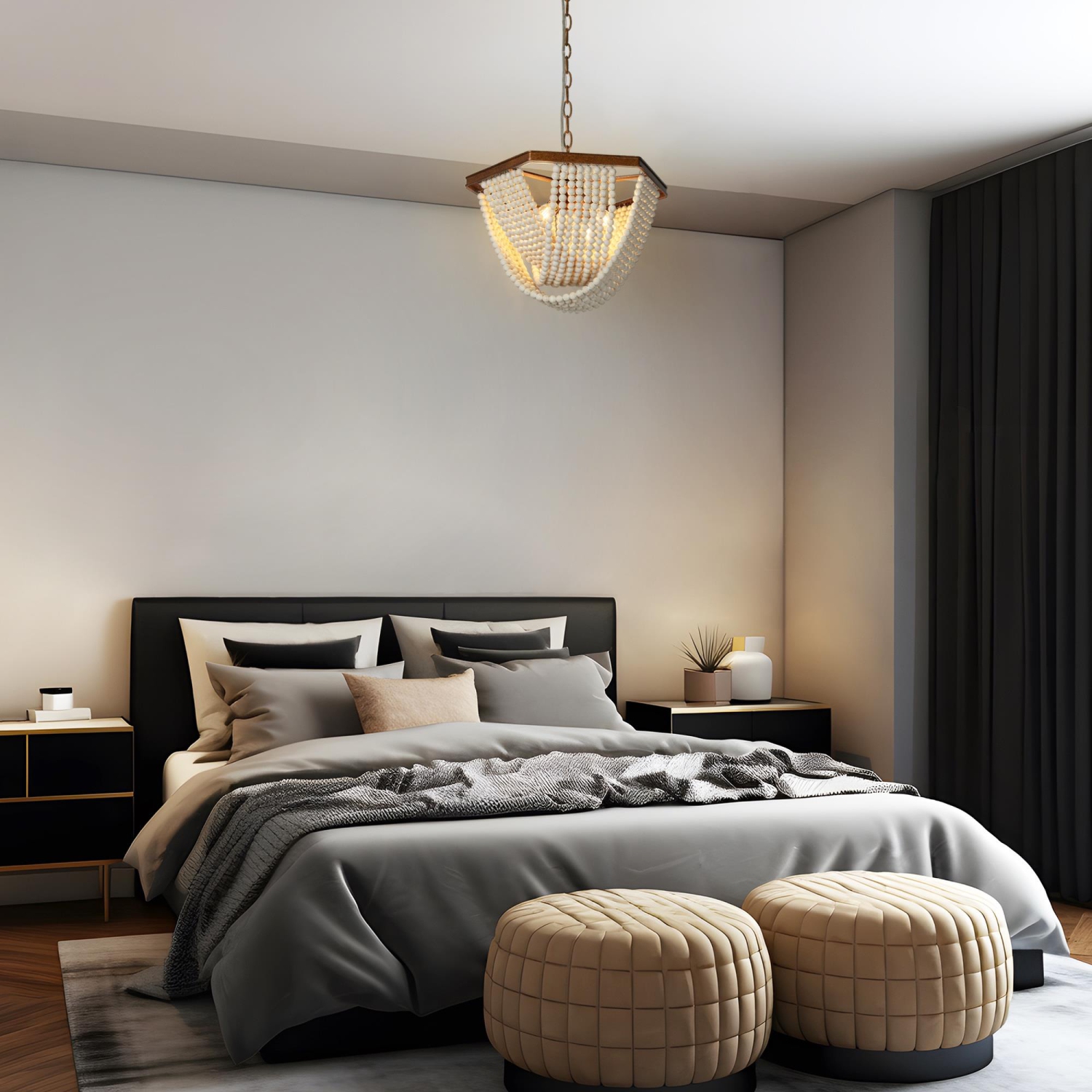 Chandelier blanc cassé à 4 lumières en perles pour salle à manger CHnadelier avec perles en bois