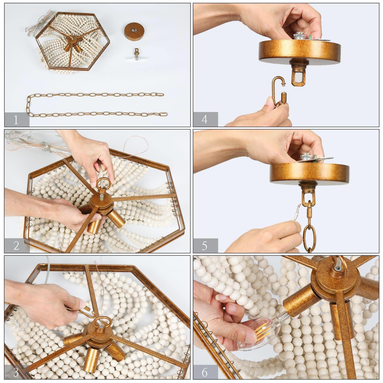 Chandelier blanc cassé à 4 lumières en perles pour salle à manger CHnadelier avec perles en bois