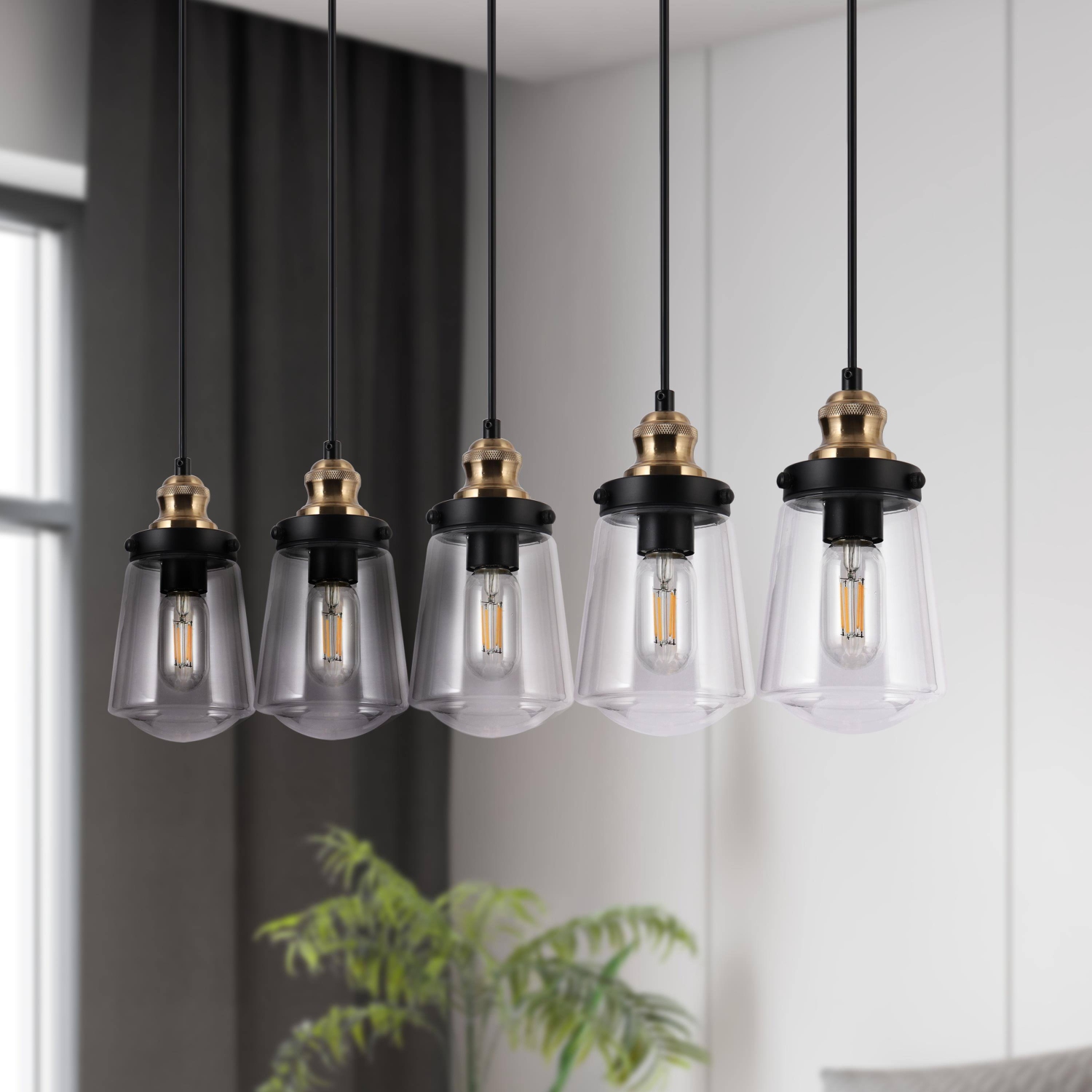 Uolfin 5 -Light 32'' L Black and Electroplated Gold Modern/contemporary Clear glass Linear Large Hanging Kitchen island light