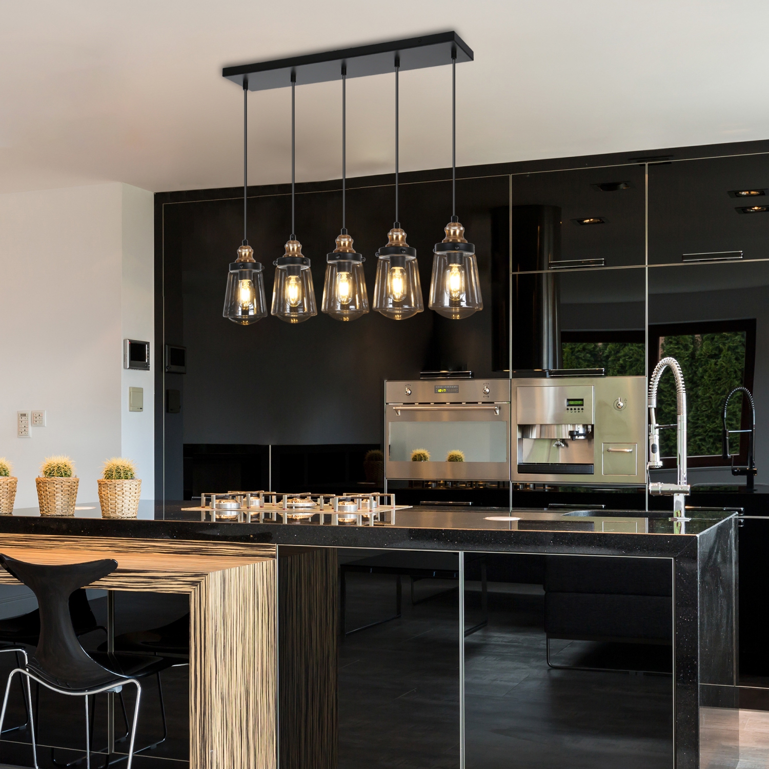 Uolfin 5 -Light 32'' L Black and Electroplated Gold Modern/contemporary Clear glass Linear Large Hanging Kitchen island light