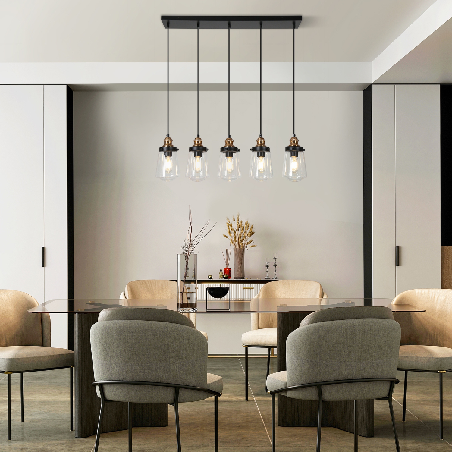 Uolfin 5 -Light 32'' L Black and Electroplated Gold Modern/contemporary Clear glass Linear Large Hanging Kitchen island light