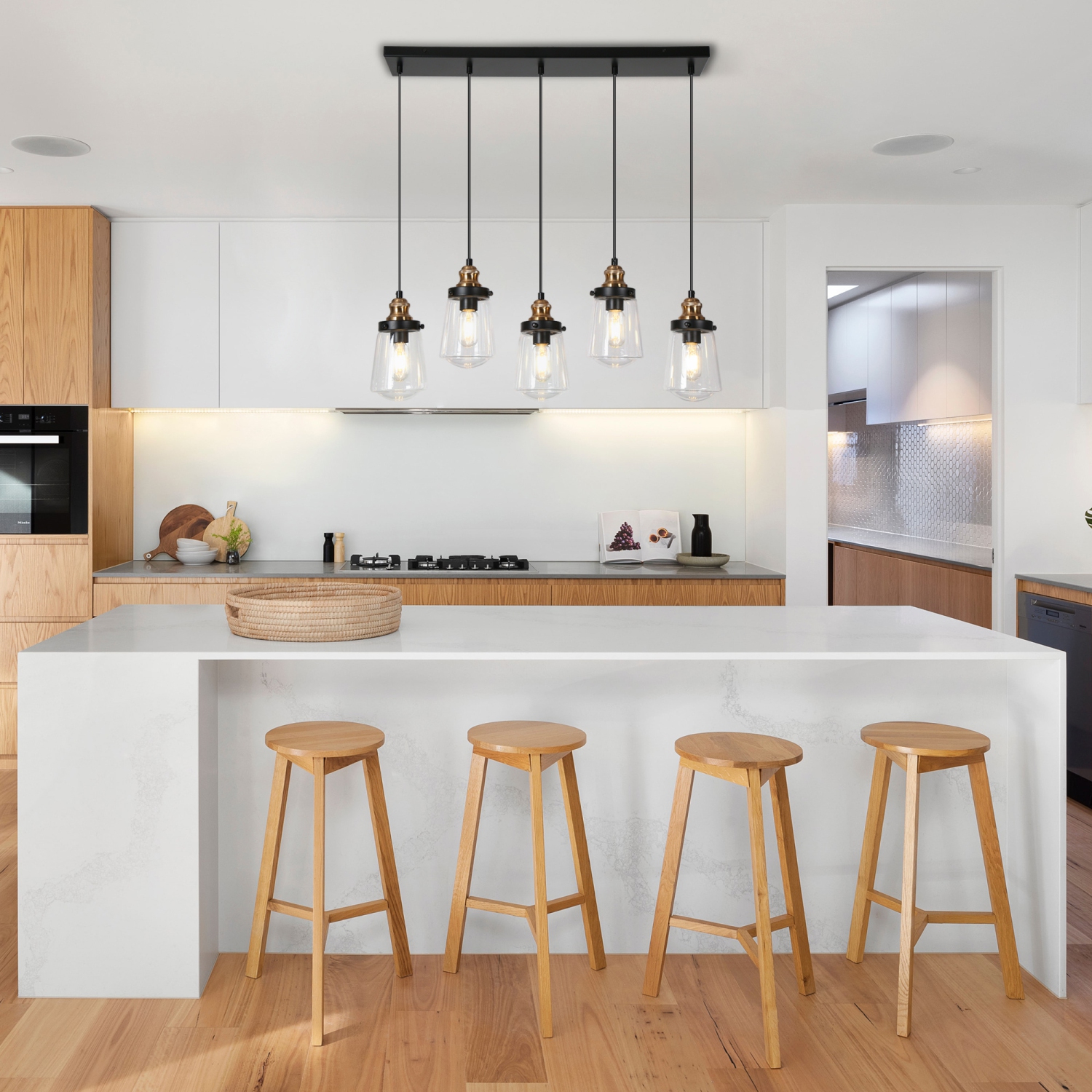 Uolfin 5 -Light 32'' L Black and Electroplated Gold Modern/contemporary Clear glass Linear Large Hanging Kitchen island light