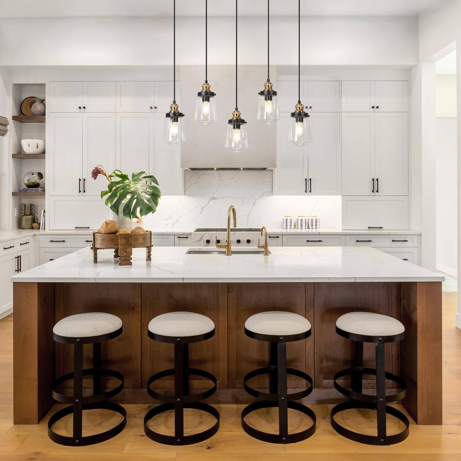 Uolfin 5 -Light 32'' L Black and Electroplated Gold Modern/contemporary Clear glass Linear Large Hanging Kitchen island light