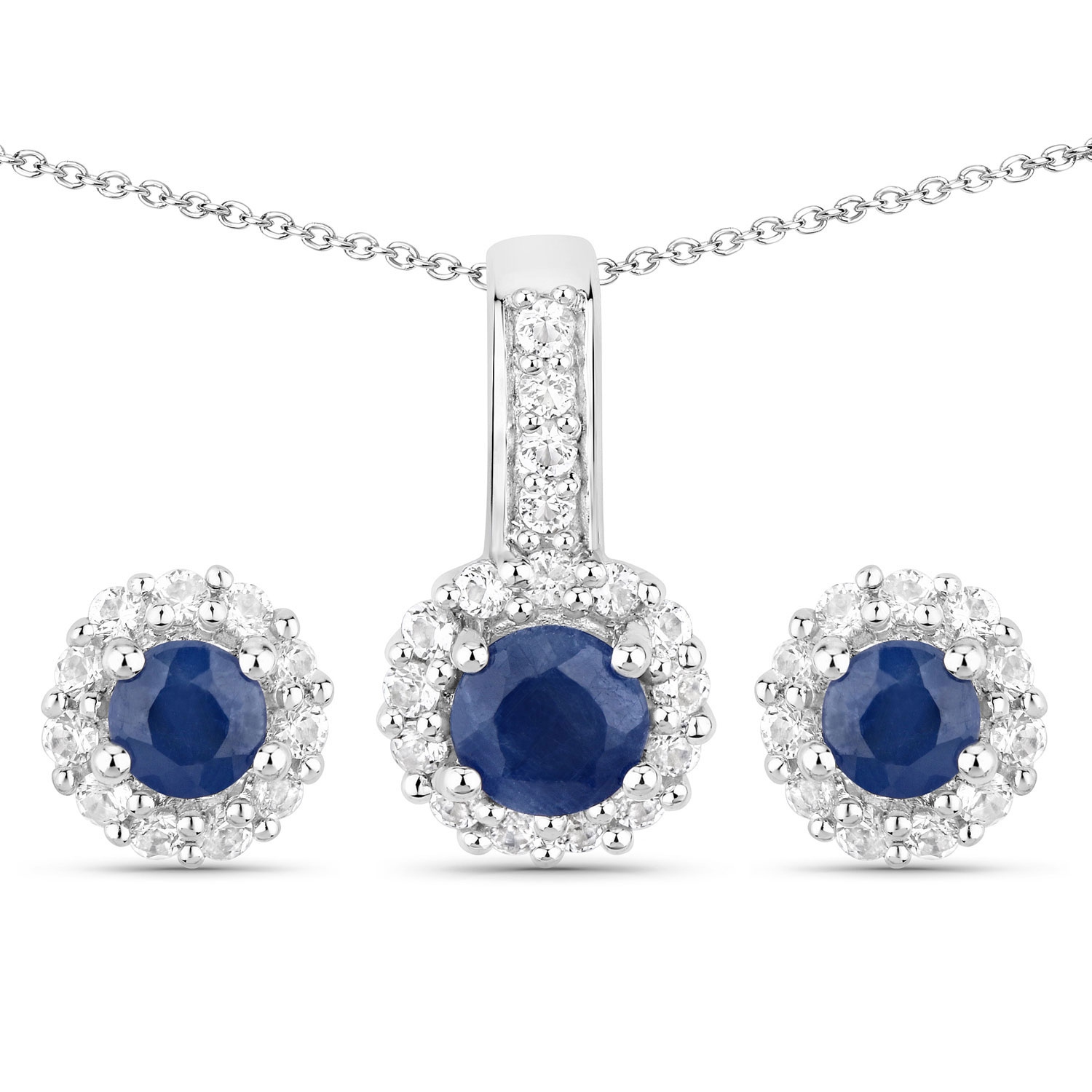 2.17&nbsp;carat – Ensemble de bijoux .925 en argent sterling, saphir bleu véritable et topaze blanche