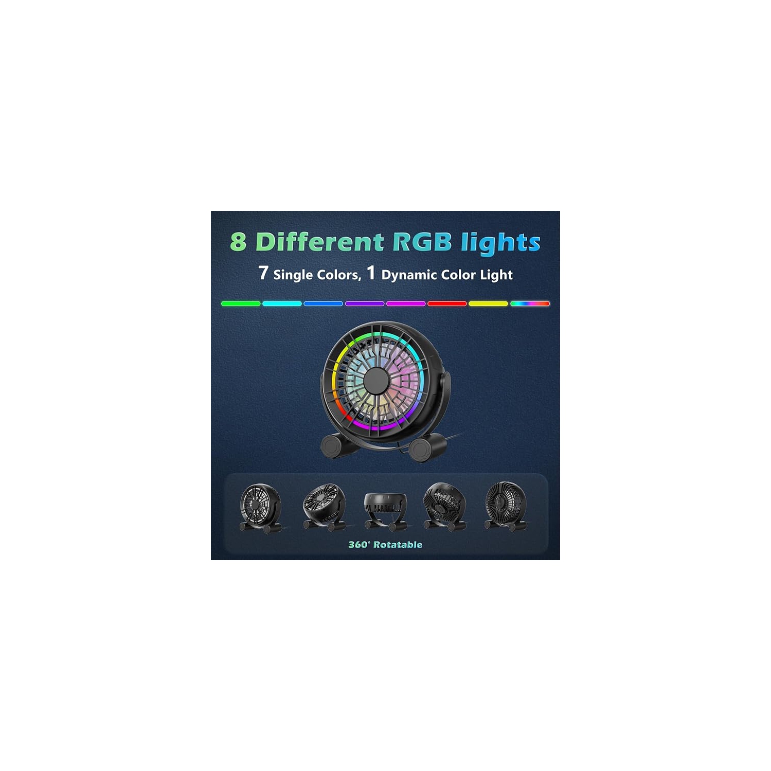 Ventilateur de bureau USB RVB – Ventilateur de table portatif silencieux à 3 vitesses, 8 lumières LED de couleur, rotation à 360°, petit ventilateur