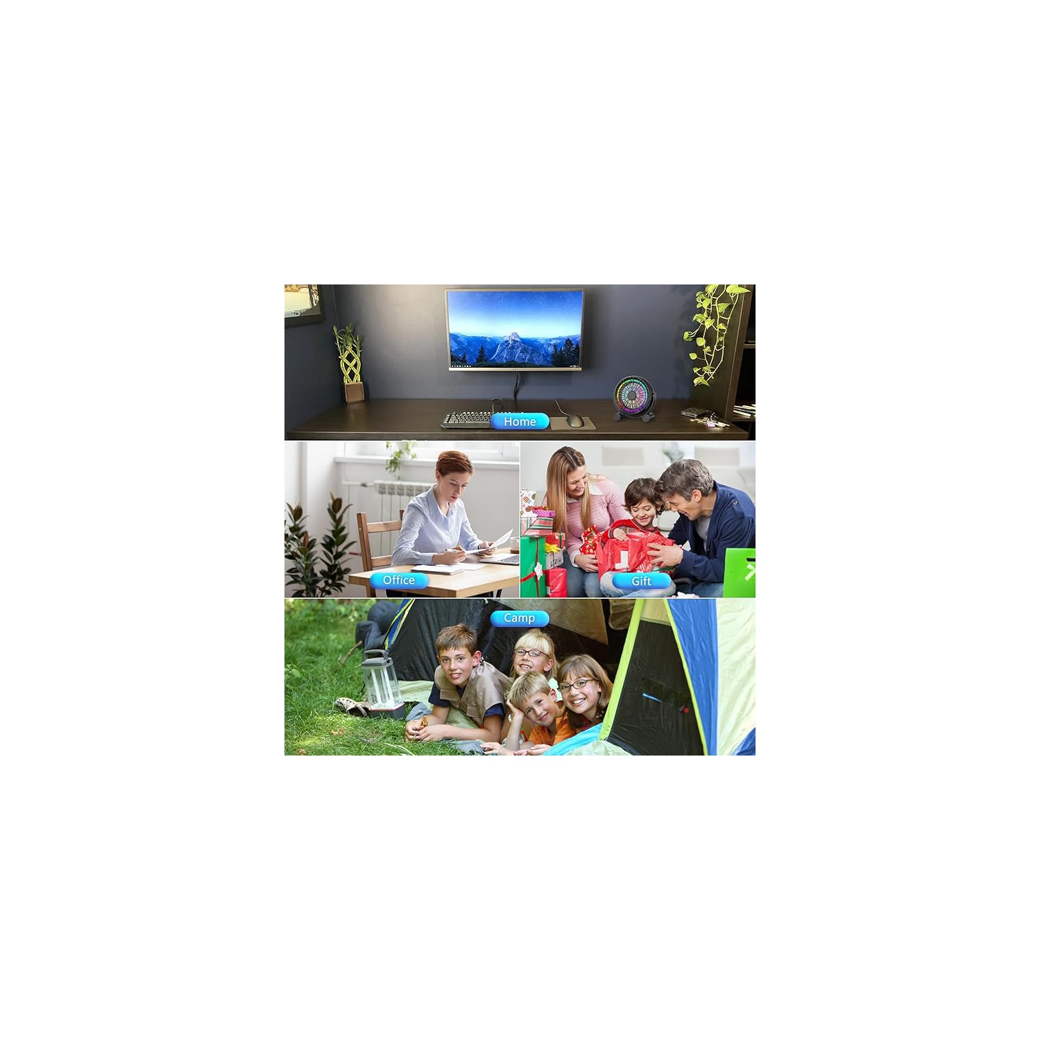 Ventilateur de bureau USB RVB – Ventilateur de table portatif silencieux à 3 vitesses, 8 lumières LED de couleur, rotation à 360°, petit ventilateur