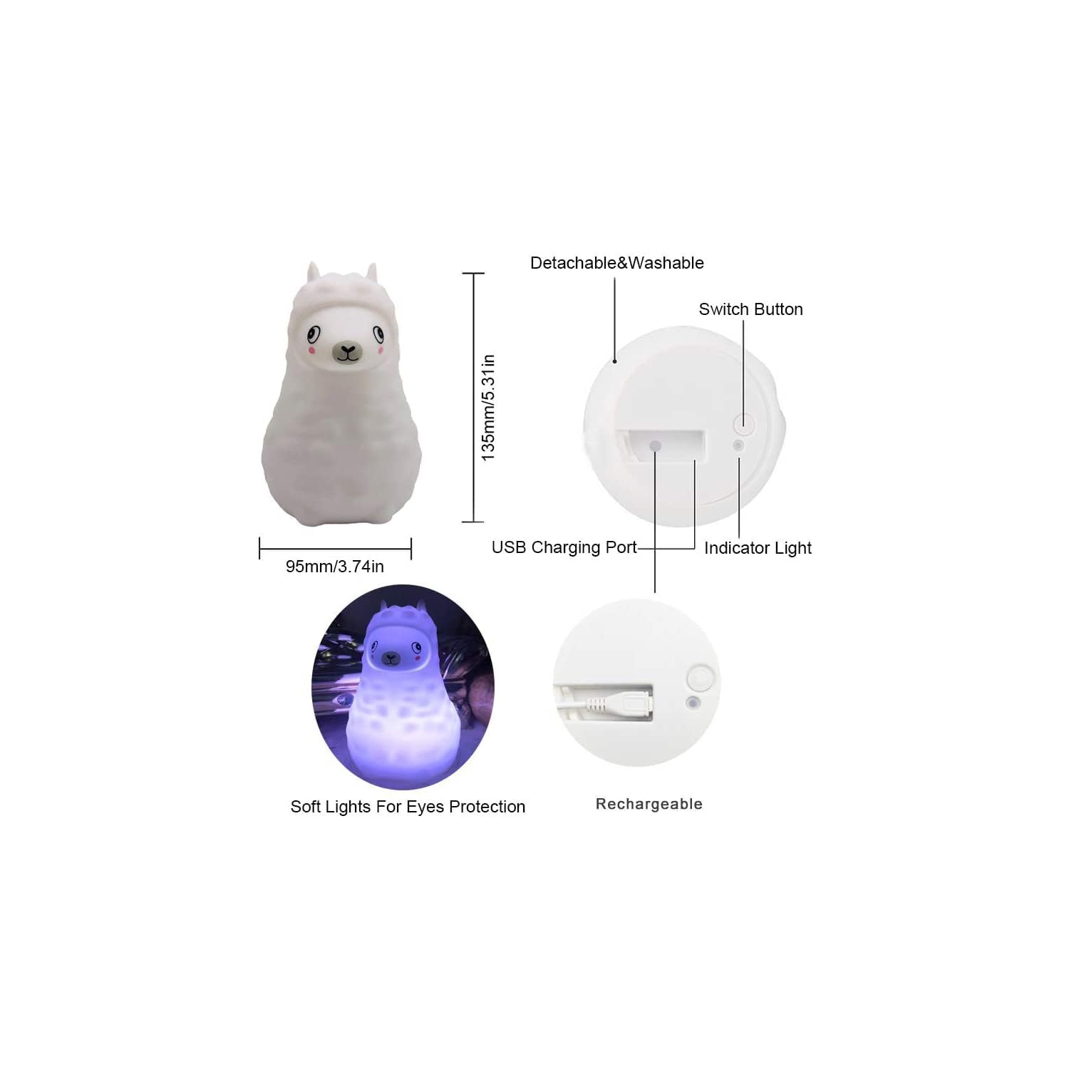Veilleuse pour enfants Animal Alpaca, lampe de chevet LED pour chambre d'enfant, lampe en silicone souple rechargeable, luminosité et couleurs