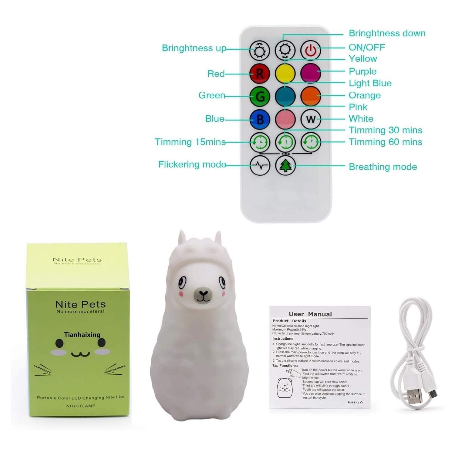 Veilleuse pour enfants Animal Alpaca, lampe de chevet LED pour chambre d'enfant, lampe en silicone souple rechargeable, luminosité et couleurs