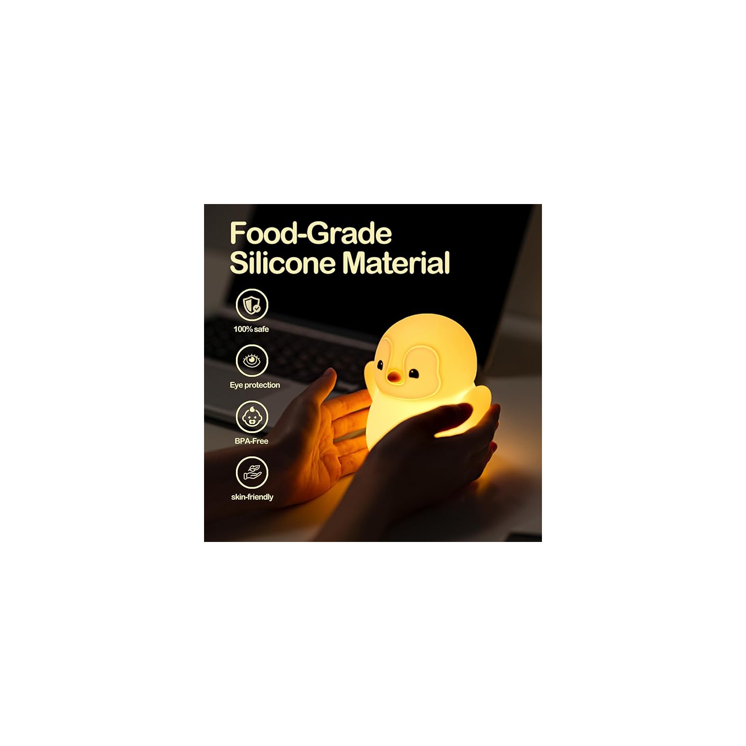 Happy Penguin Night Light, LED Squishy Novelty Animal Lamp, Food Grade Silicone, 2 Level Dimmable, Nursery Night Light for Desk Decor