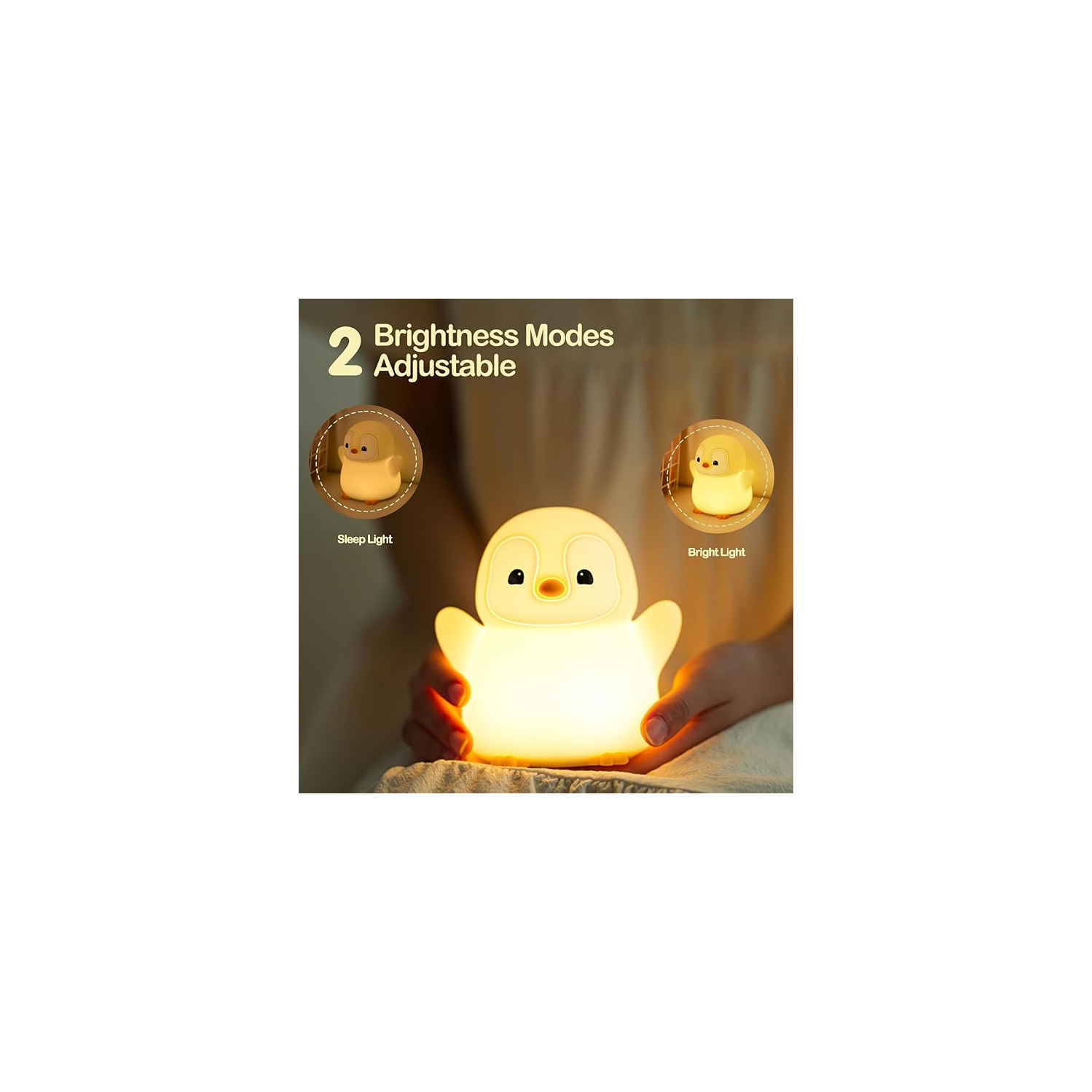 Happy Penguin Night Light, LED Squishy Novelty Animal Lamp, Food Grade Silicone, 2 Level Dimmable, Nursery Night Light for Desk Decor