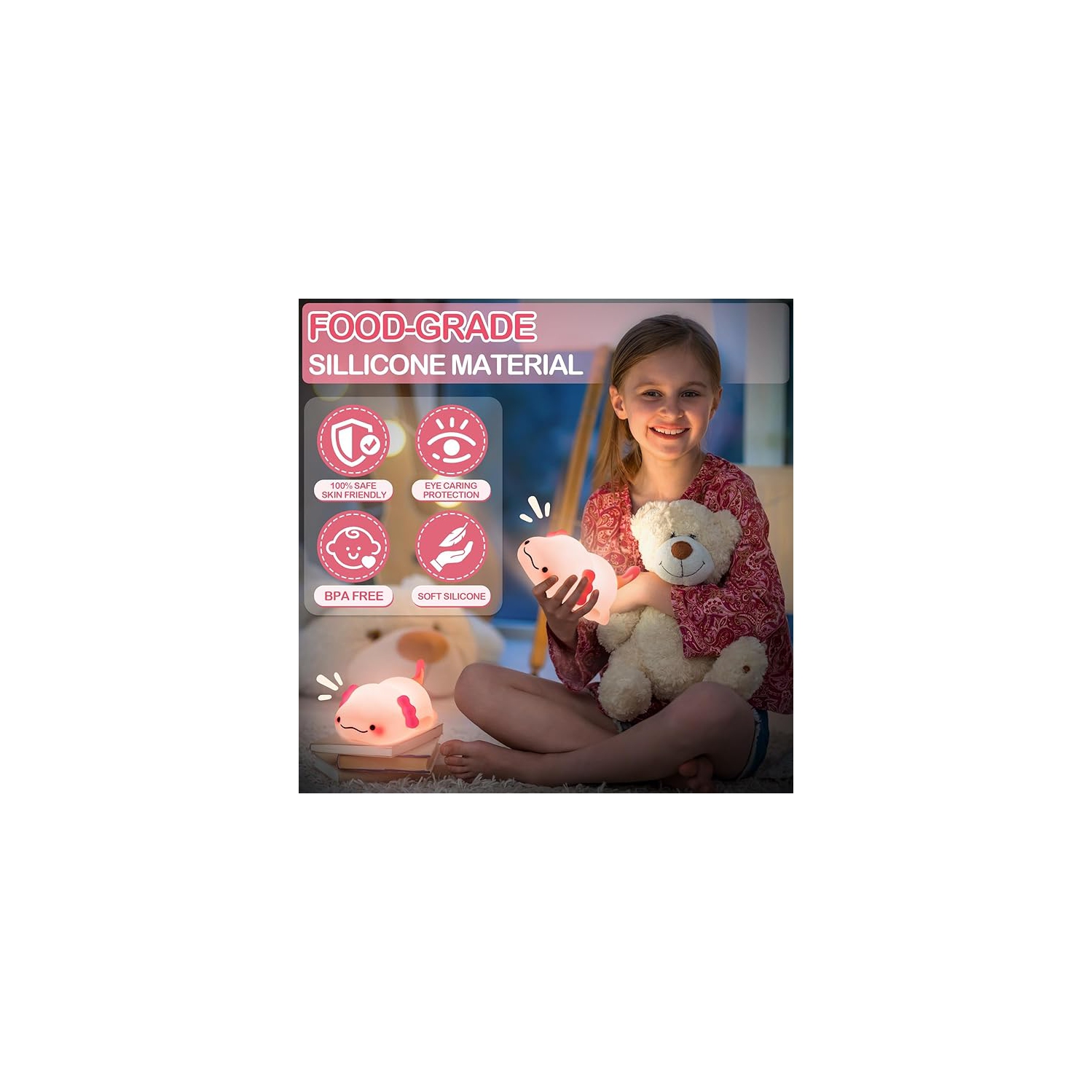 Axolotl Night Light for Kids, Rechargeable Cute Squishy lamp - Silicone Adorable Christmas Axolotl Gifts for Kids -ouch Light