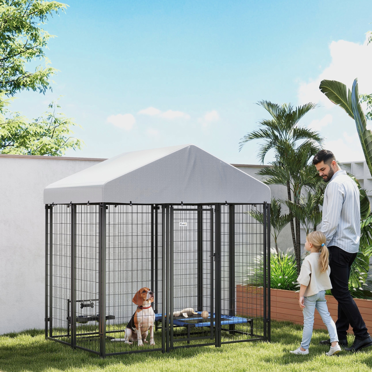 PawHut 6' x 4' x 6' Dog Run Outdoor, Large Outdoor Dog Kennel Welded Wire Steel Fence with UV-Resistant & Waterproof Cover, Secure Lock, Silver