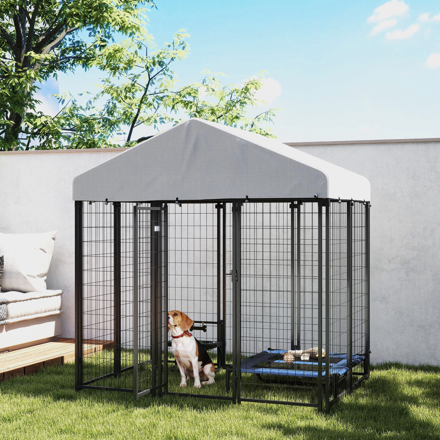 PawHut 6' x 4' x 6' Dog Run Outdoor, Large Outdoor Dog Kennel Welded Wire Steel Fence with UV-Resistant & Waterproof Cover, Secure Lock, Silver