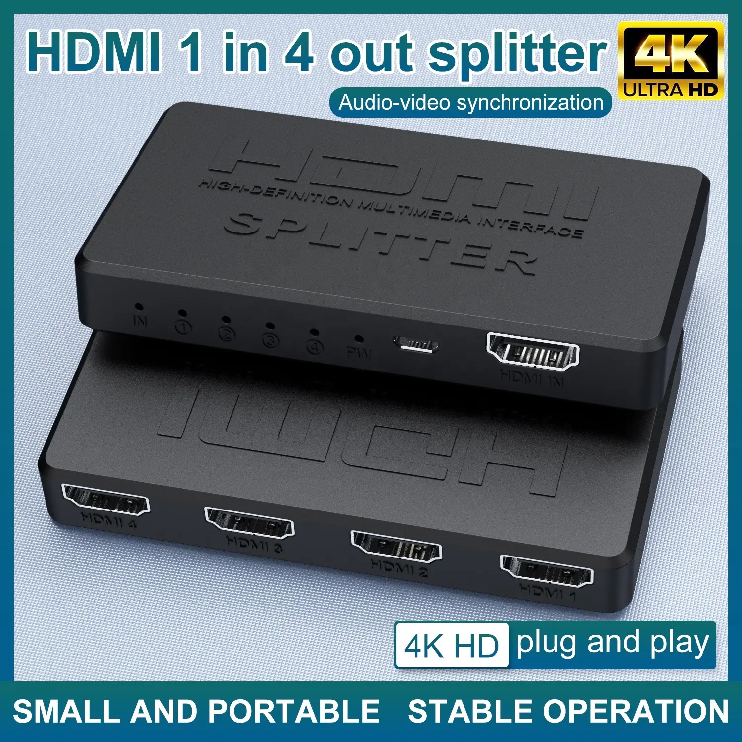 HDMI Splitter 1 in 4 Out, 4K HDMI Splitter Support Duplicate/Mirror 1 Source Screen to 4 HDMI Display Devices(Not Extend), 4 Port HDMI Splitter for