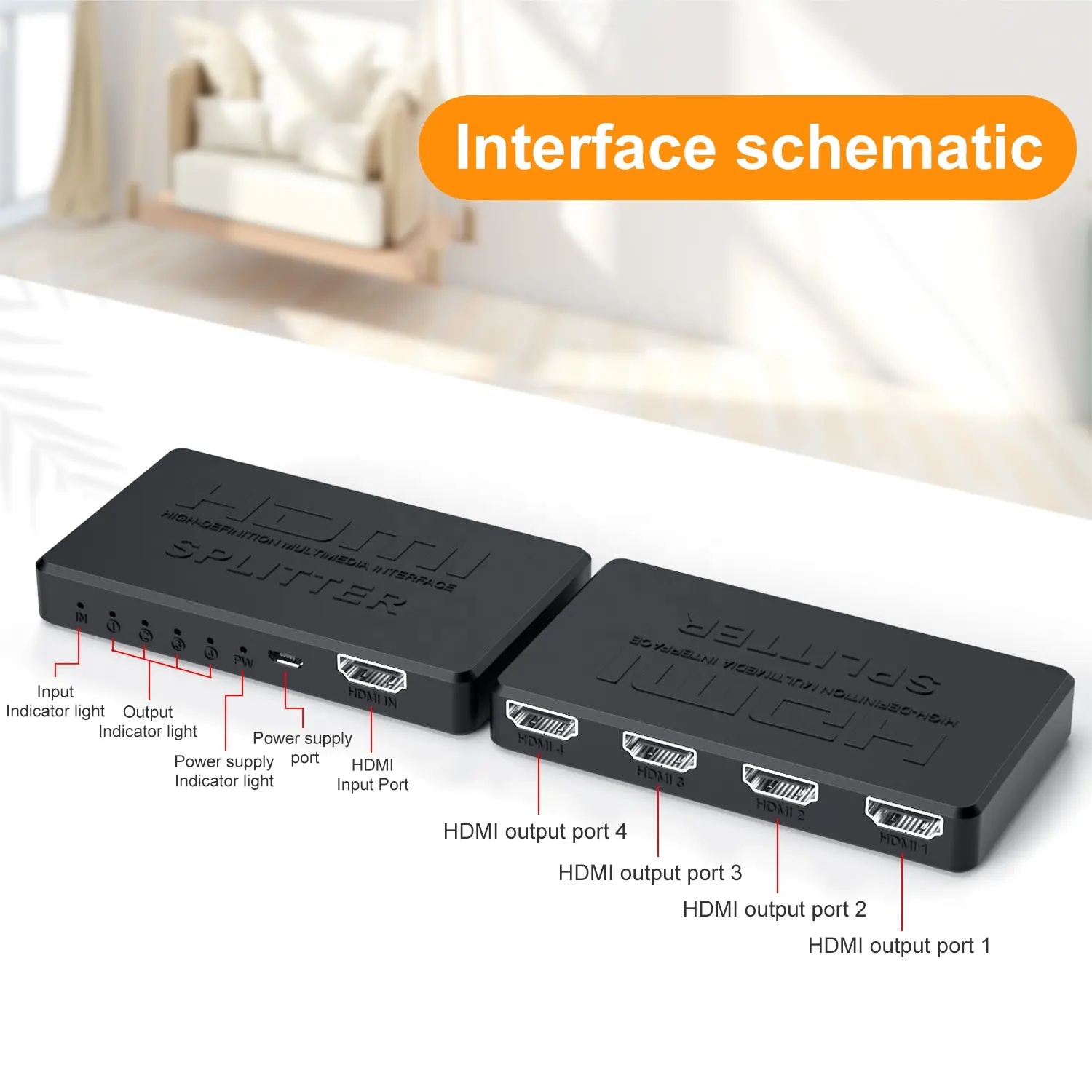 HDMI Splitter 1 in 4 Out, 4K HDMI Splitter Support Duplicate/Mirror 1 Source Screen to 4 HDMI Display Devices(Not Extend), 4 Port HDMI Splitter for