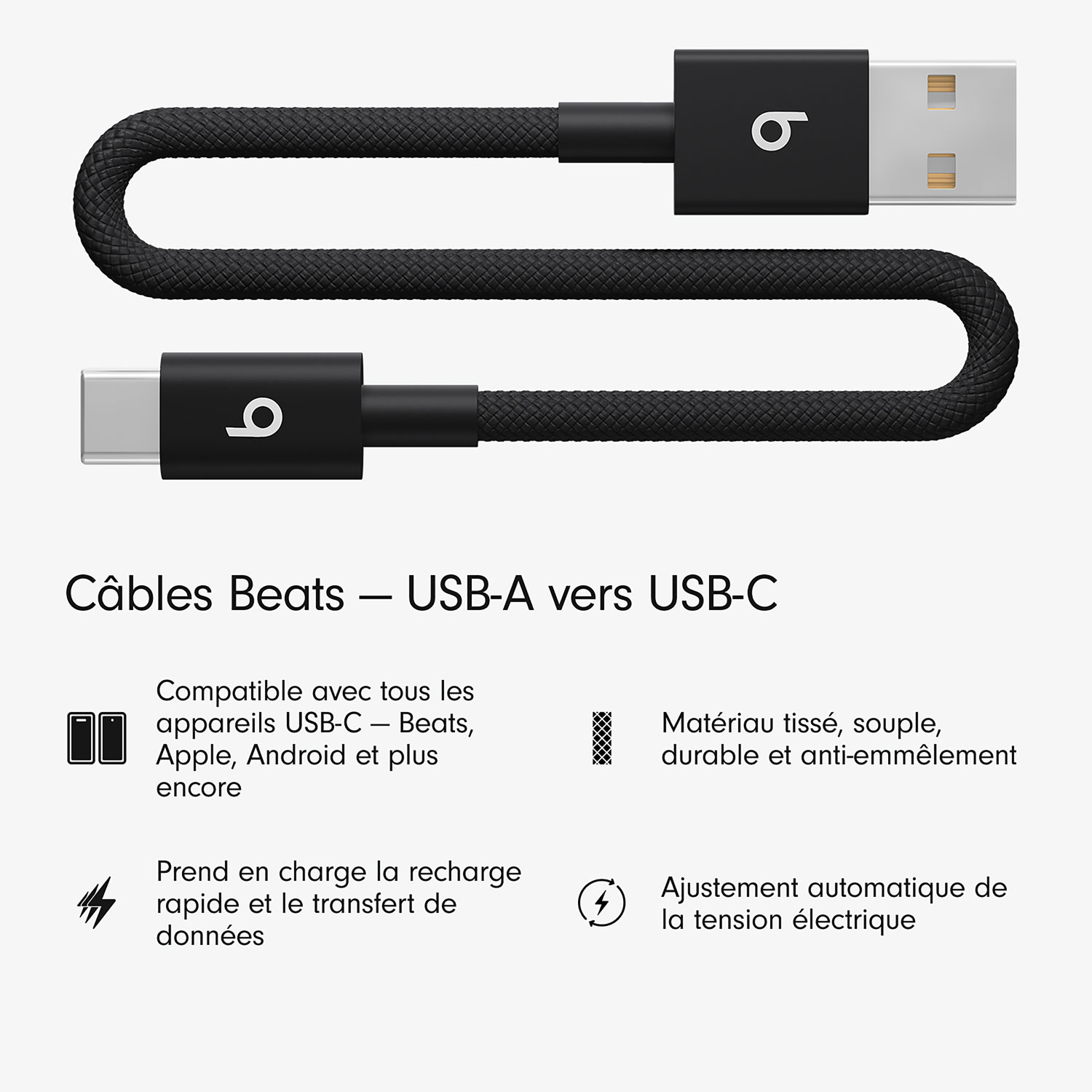 Câble tissé USB-A à USB-C de 0,2 m de Beats By Dr. Dre (MEQL4LL/A) - Noir éclair