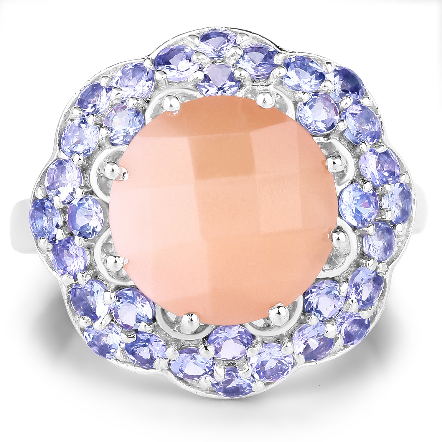 7.20 Carat Genuine Peach Moonstone and Tanzanite .925 Sterling Silver Ring