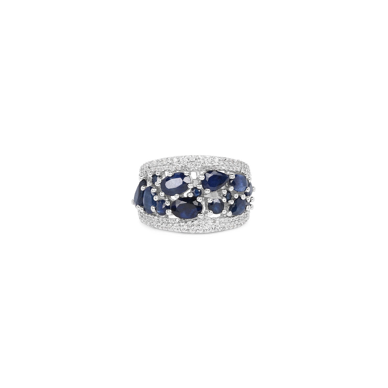 3.61 Carat Genuine Blue Sapphire and White Zircon .925 Sterling Silver Ring