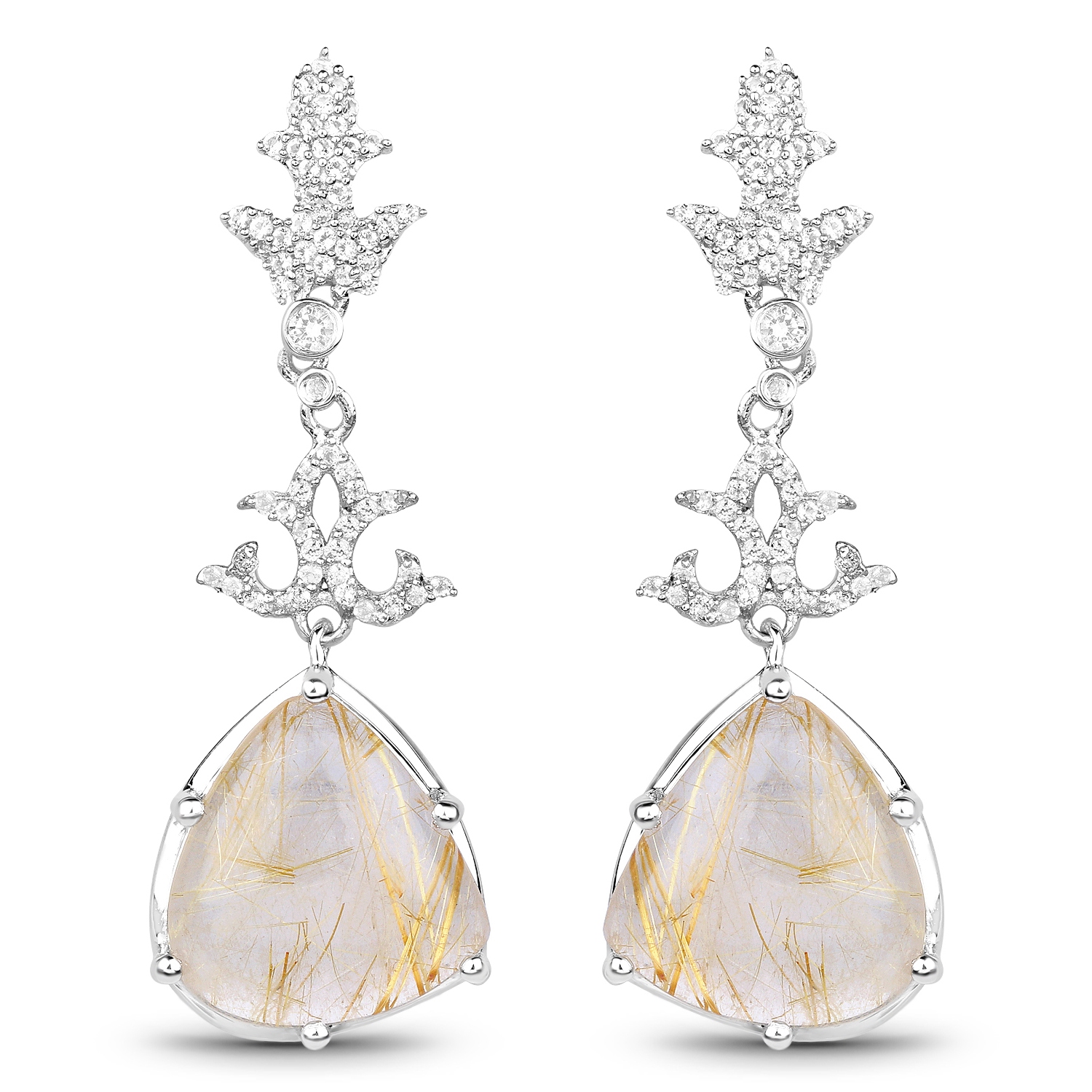 15.97 Carat Genuine Golden Rutile And White Topaz .925 Sterling Silver Earrings