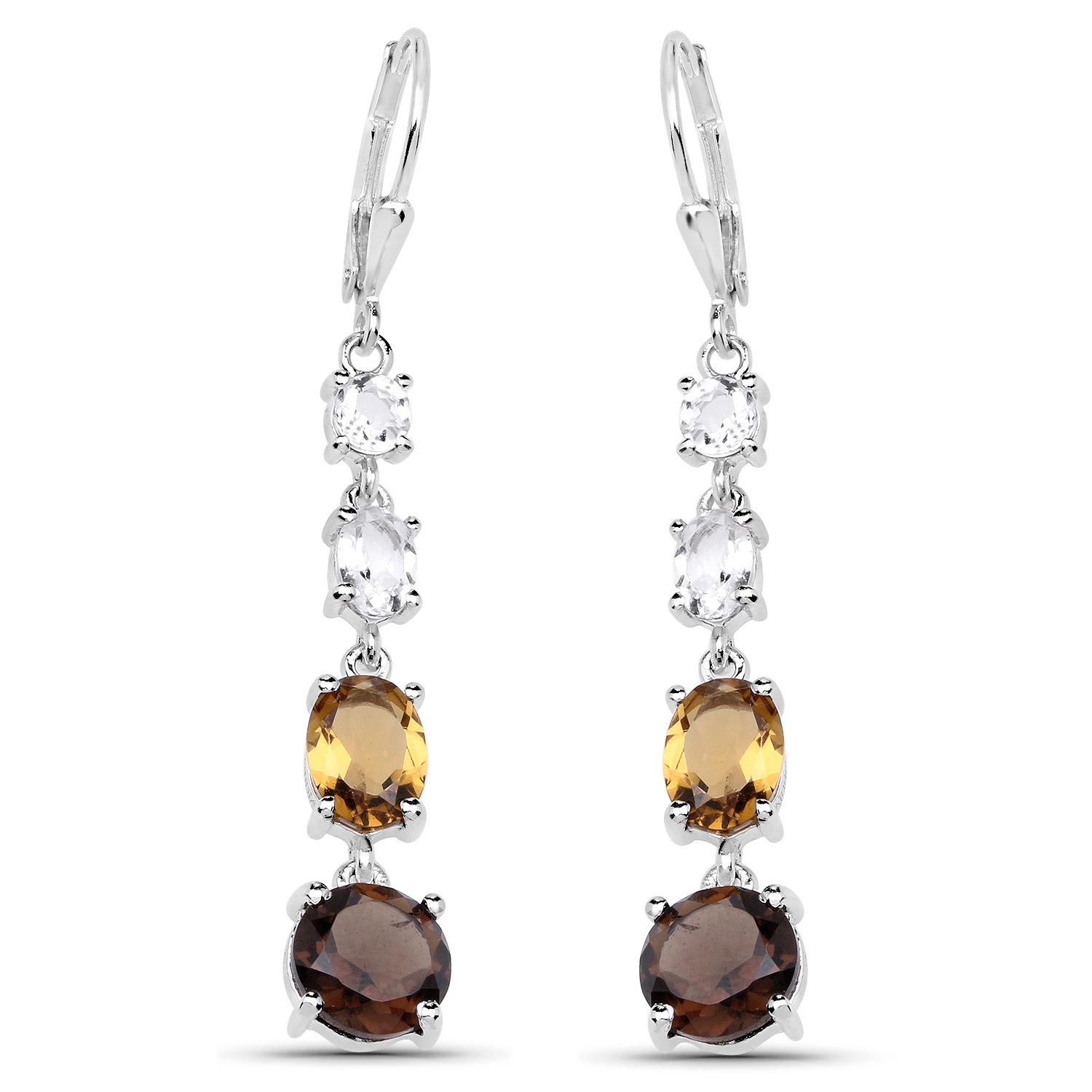 6.28 Carat Genuine Crystal Quartz, Champagne Quartz and Smoky Quartz .925 Sterling Silver Earrings