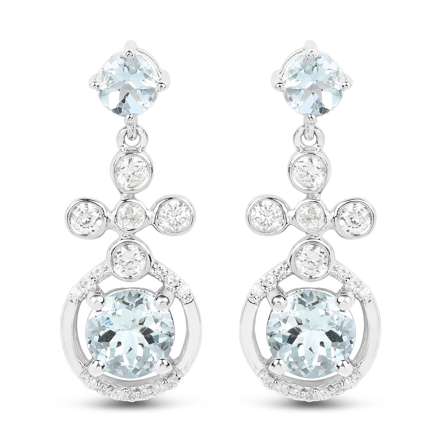 4.42 Carat Genuine Aquamarine and White Zircon .925 Sterling Silver Earrings