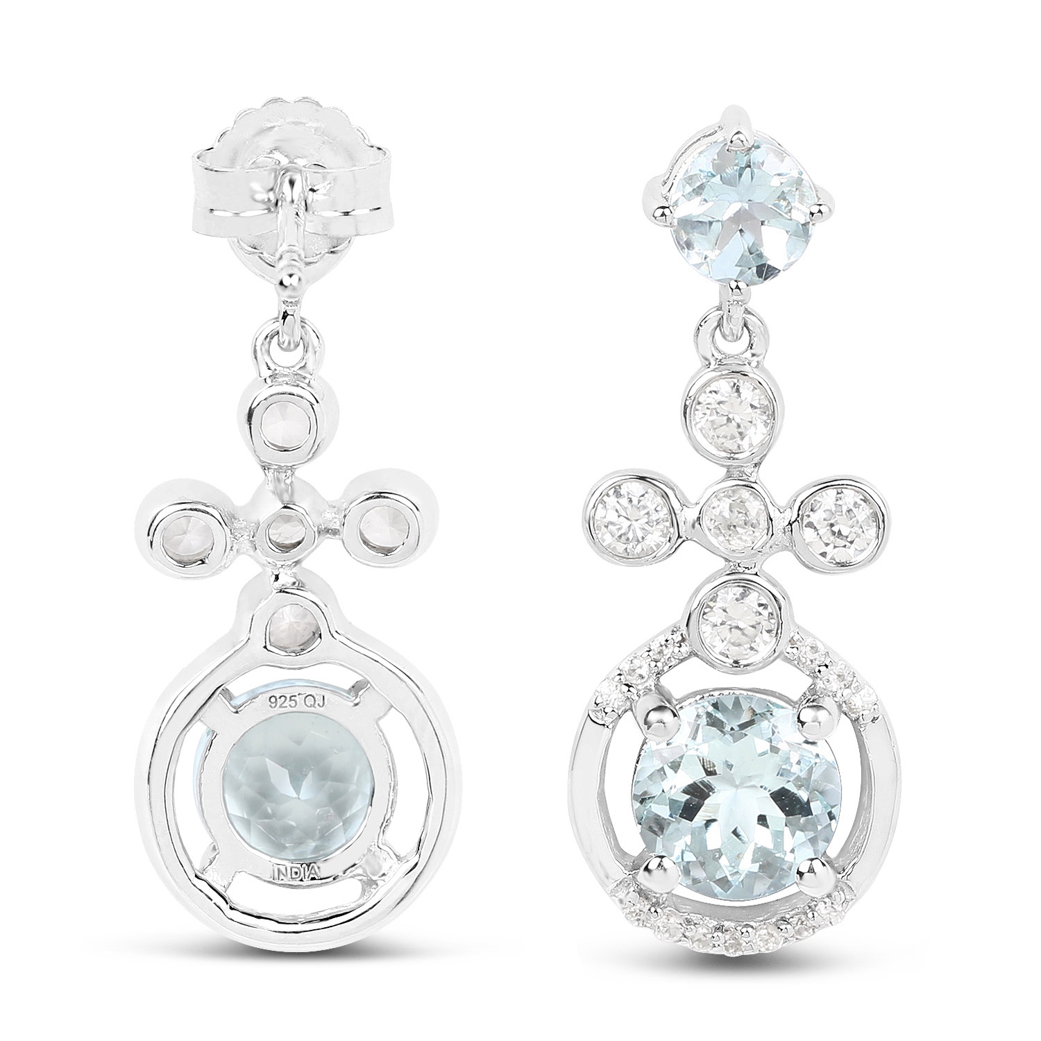 4.42 Carat Genuine Aquamarine and White Zircon .925 Sterling Silver Earrings