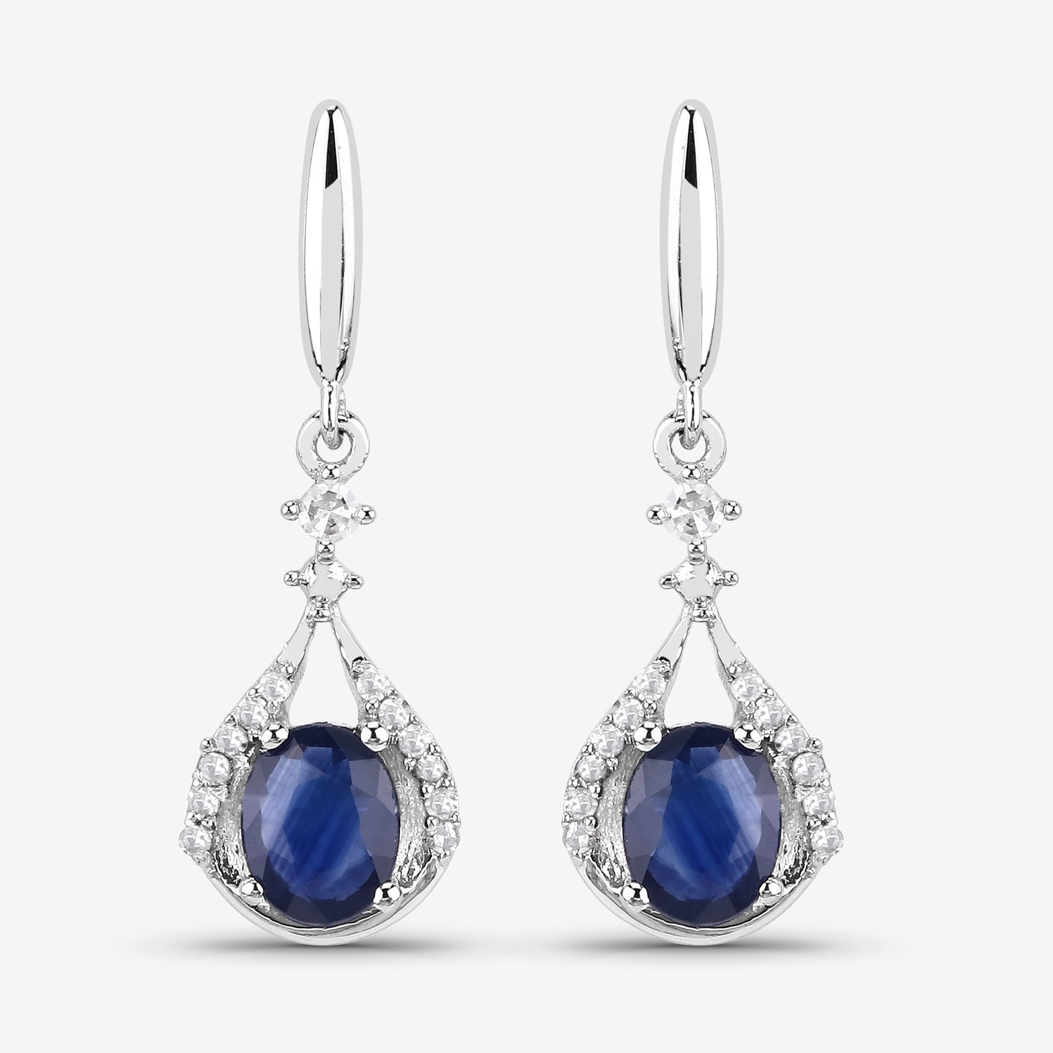 0.86 Carat Genuine Blue Sapphire and White Diamond 14K White Gold Earrings