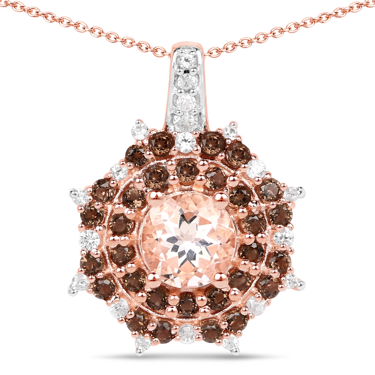 18K Rose Gold Plate 1.61 Carat Genuine Morganite Smoky Quartz & White Zircon .925 Silver Pendant