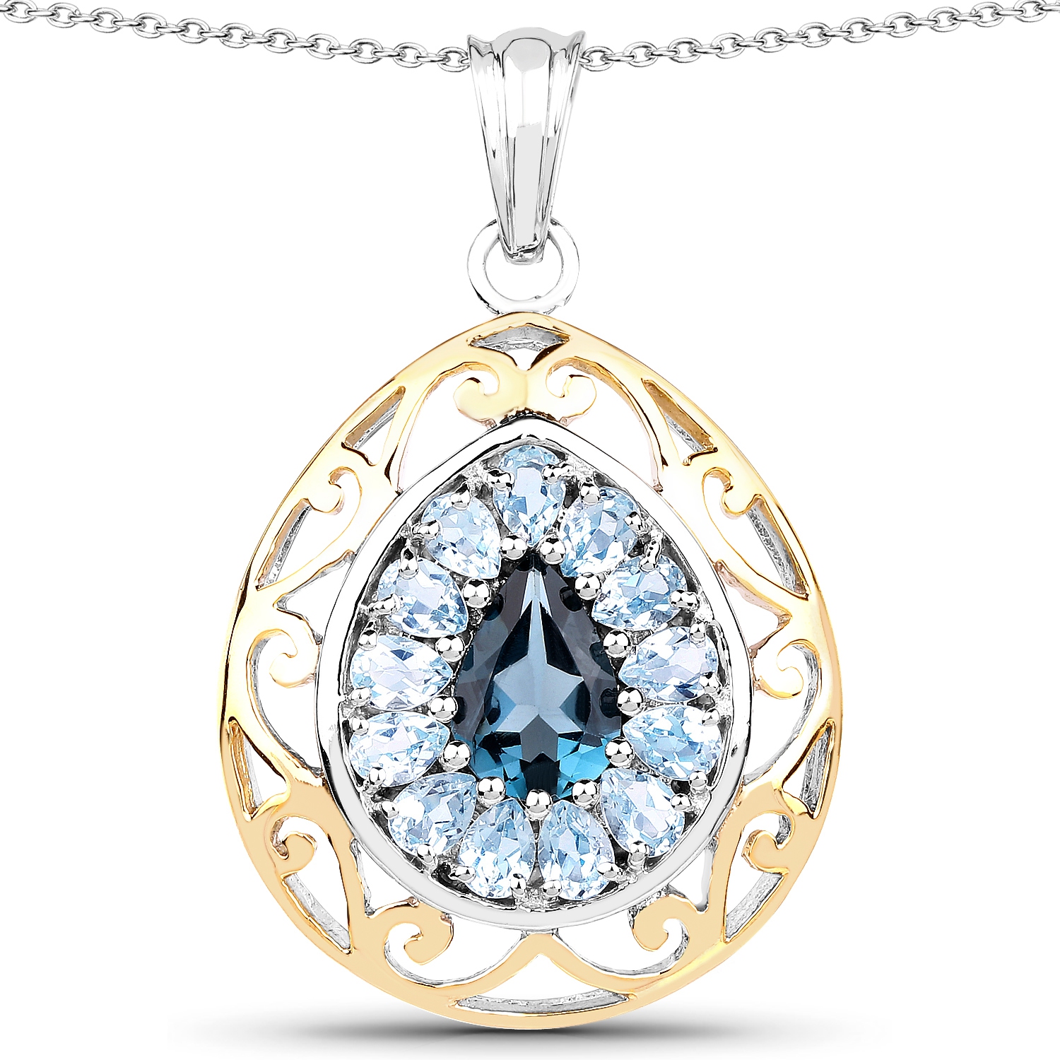 Pendentif en argent sterling .925 avec plaque en or jaune 18 K 4.44&nbsp;carat, topaze bleue londonienne véritable et topaze bleue