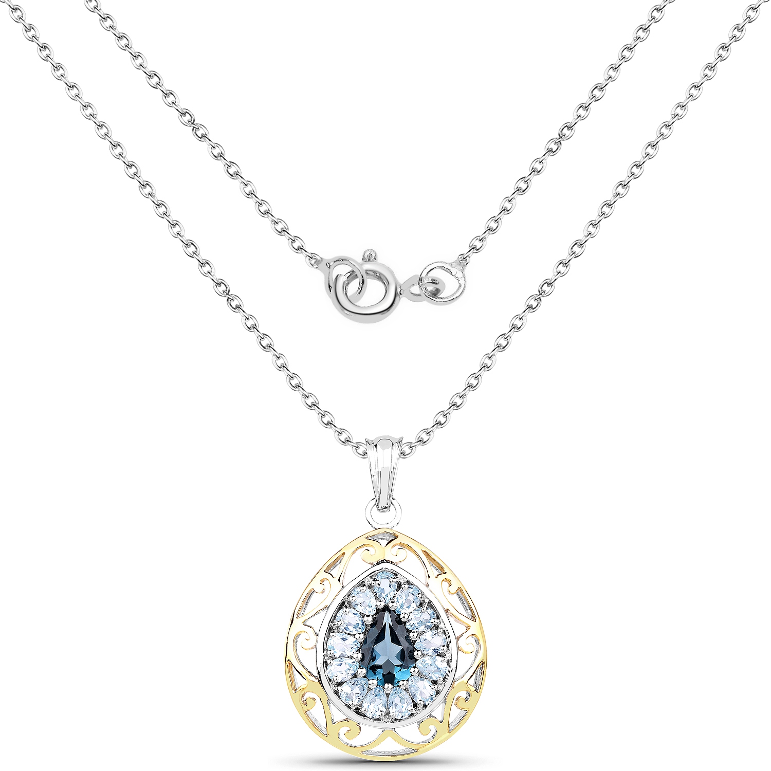 Pendentif en argent sterling .925 avec plaque en or jaune 18 K 4.44&nbsp;carat, topaze bleue londonienne véritable et topaze bleue