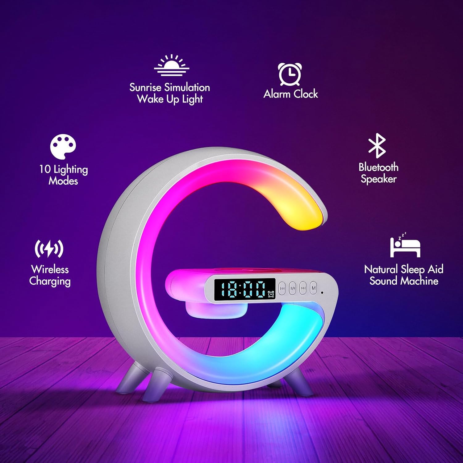 Wireless Charger Atmosphere Lamp, Mini LED Table Lamp, Bluetooth Speaker, Dimmable Night Light Bedside Lamp Alarm Clock with Music for Christmas