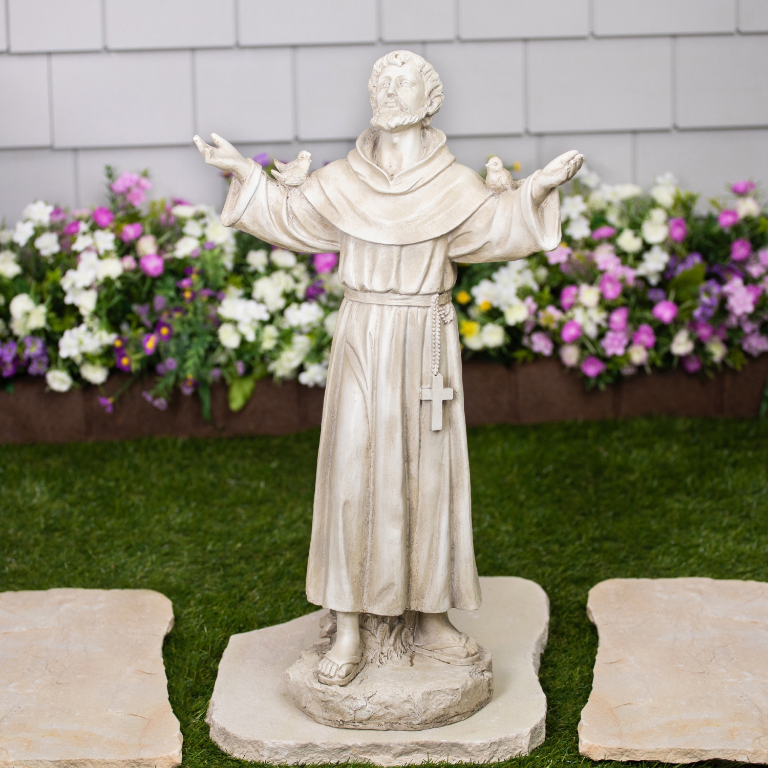 Statue de jardin d'extérieur St. Francis of Assisi avec oiseaux - 24&nbsp;po