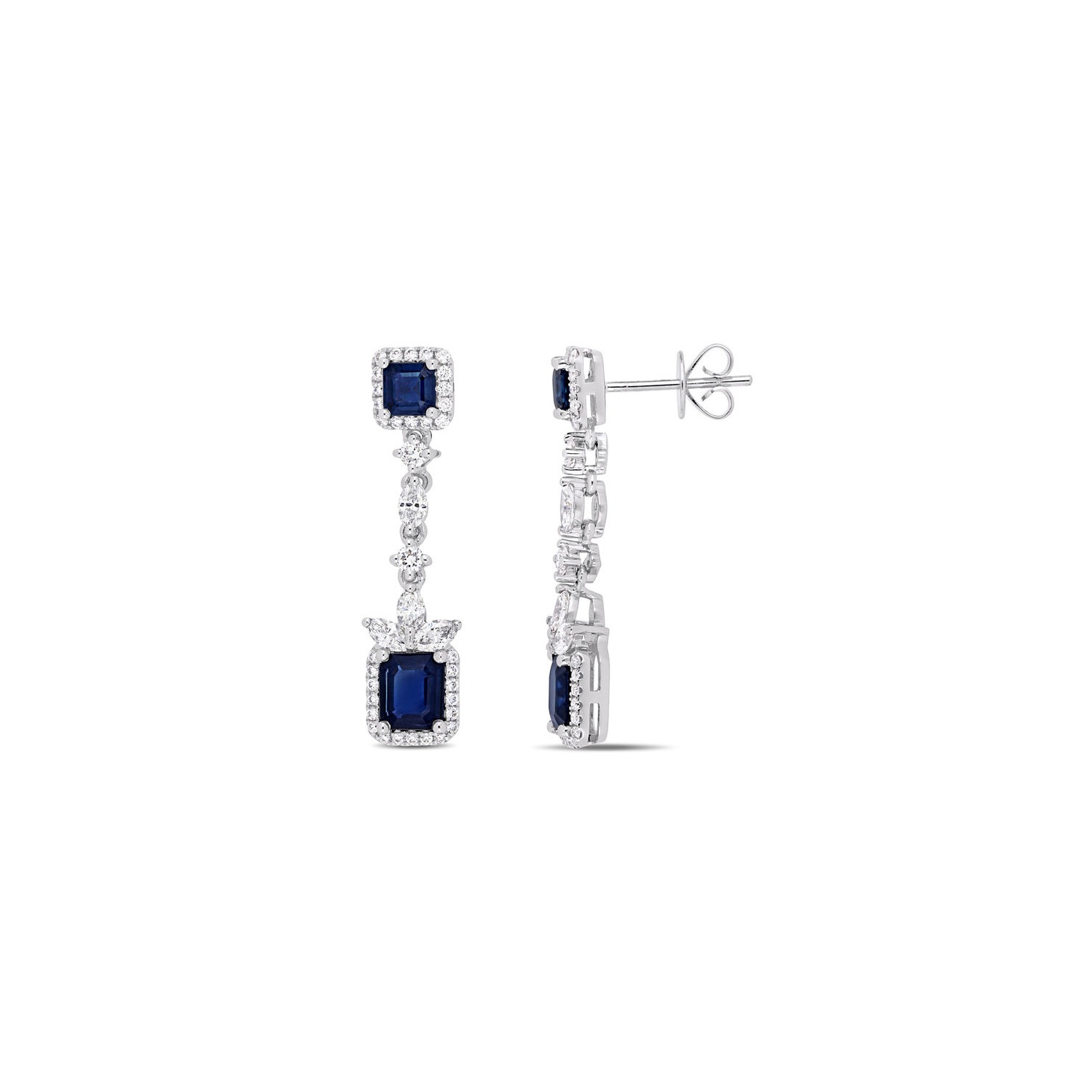 Boucles d'oreilles pendantes diamant 1.00&nbsp;carat et saphir bleu 2.54&nbsp;carat (ct), or blanc 14 ct