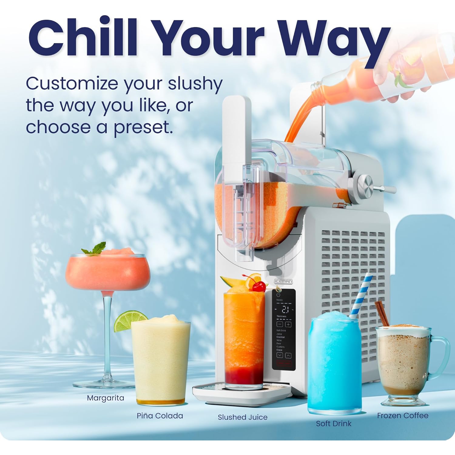 Chefman Slush-Ease 48 oz. Slushie Machine – Frozen Drink Maker with 5 Presets & Custom Option, Easy-Dispensing Lever for Slushies, Margaritas, and