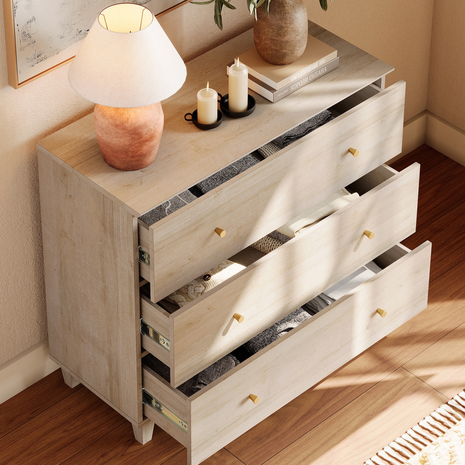 Commode WAMPAT pour chambre à coucher avec 3 tiroirs, coffre de rangement de 35,4&nbsp;po de largeur, chiffonniers en bois moderne, range-tout pour